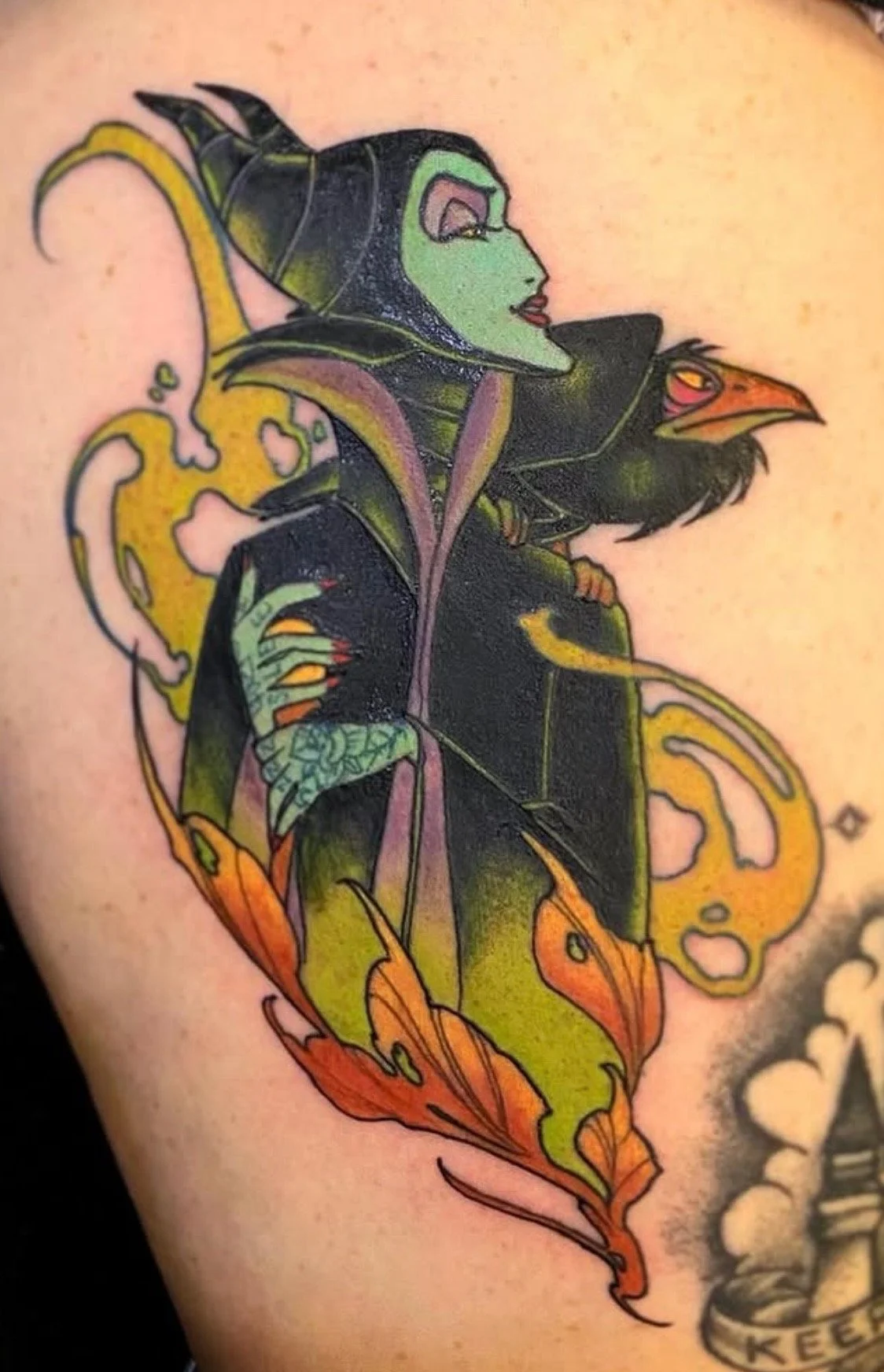 Colorful Disney Villain Maleficient Tattoo by Russell Kelley at Handsome Devil Tattoo Company in Saddle Brook, NJ.