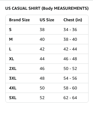 Size chart for US casual shirts, listing brand size, US size, and chest measurements in inches from Small to 5XL.