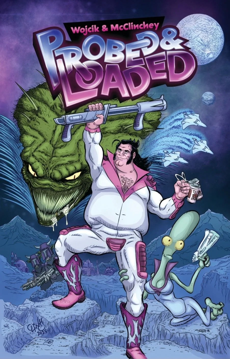 Probed and Loaded comic book cover, a sci-fi comedy adventure created by Scott Wojcik, with art by Jeff McClinchey, published by ÆTRYX PRESS.