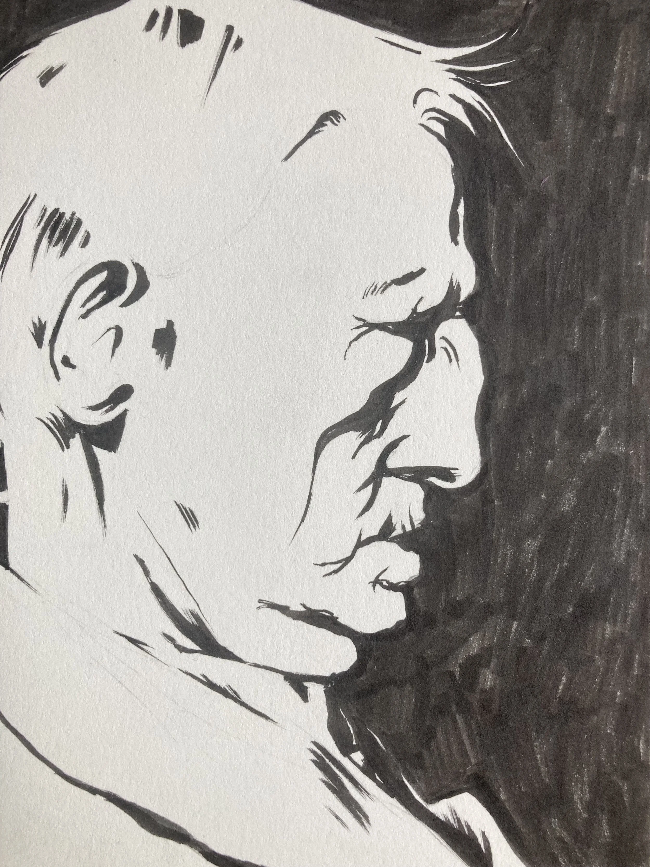 Black and white ink drawing of an elderly man in profile.