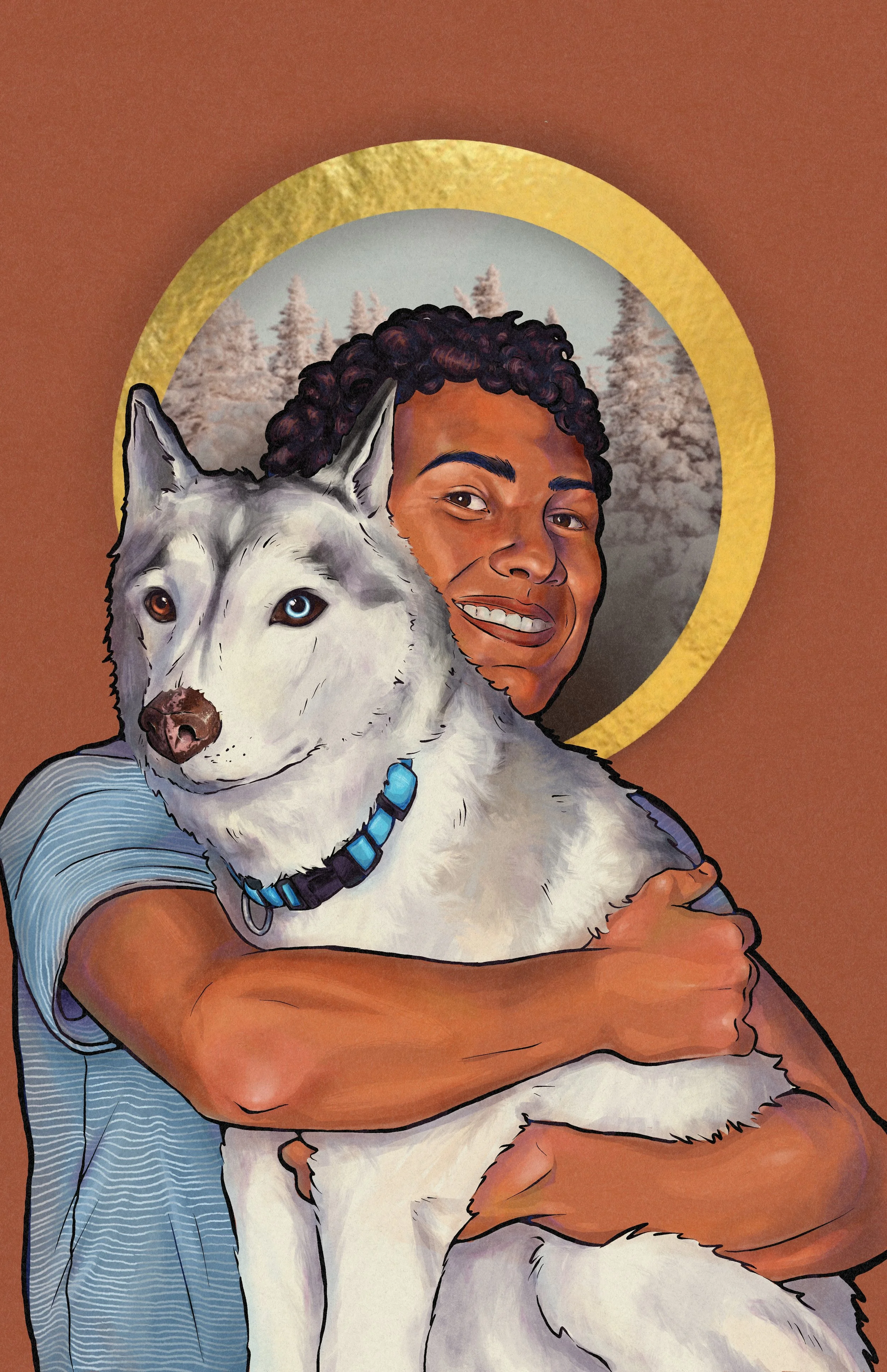 A person with curly hair holding a Siberian Husky dog inside, with a background of snowy trees and a circular gold and white design.