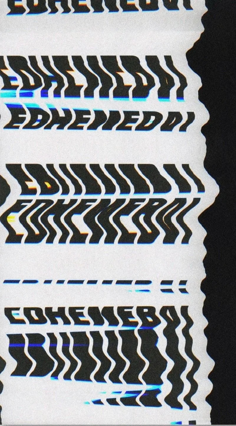 Distorted screen with pixelated and wavy text made using a regular office scanner. Original text reads "Ephemeral".