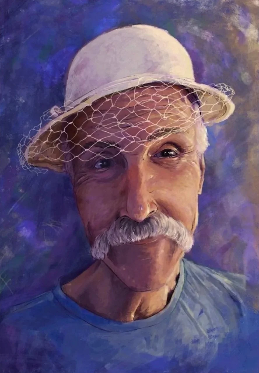 Painting of an elderly man wearing a light-colored hat with netting, a blue shirt, and sporting a white handlebar mustache. The background is a textured mix of purple and blue hues.