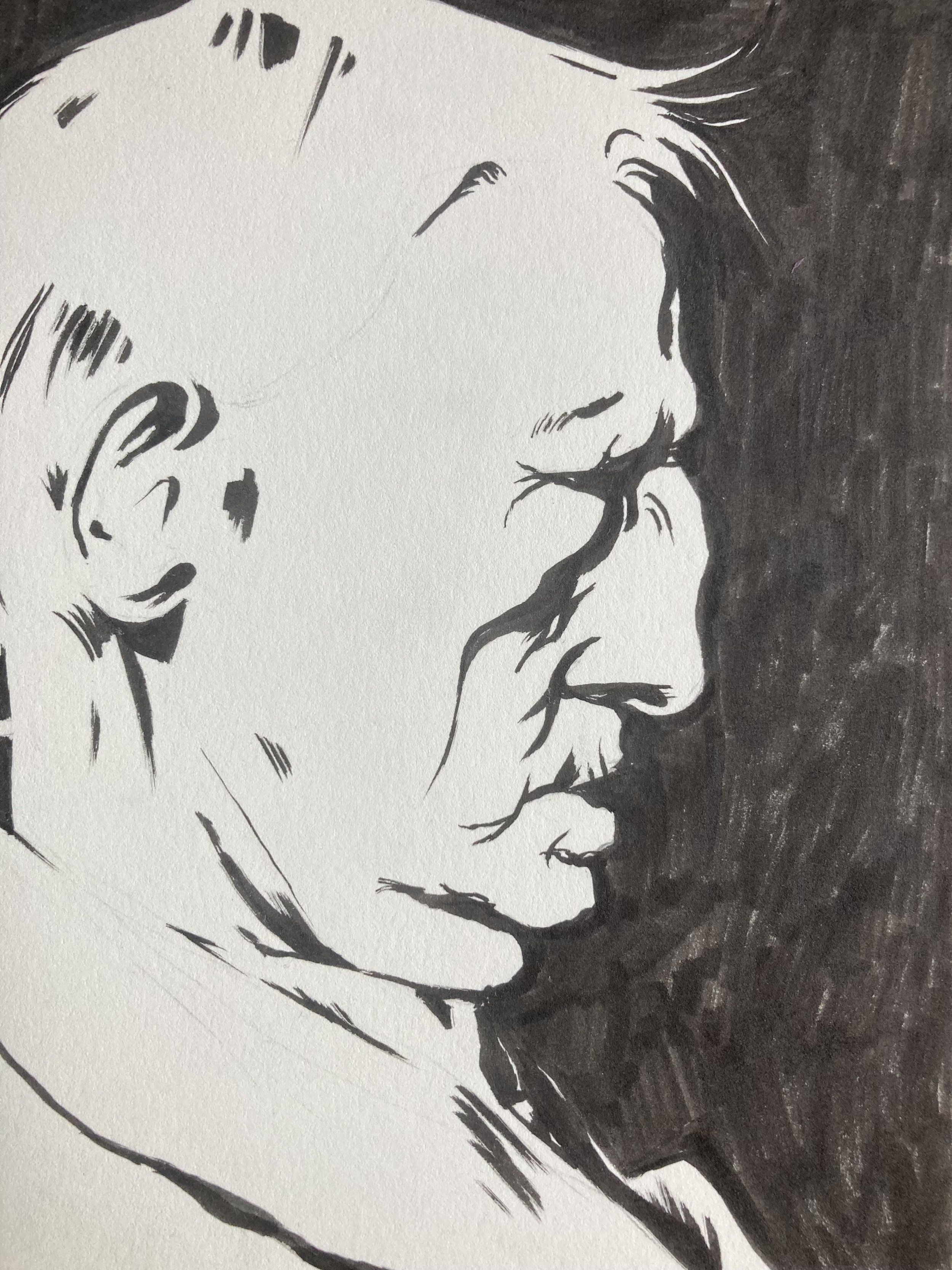 Black and white ink drawing of an elderly man in profile.