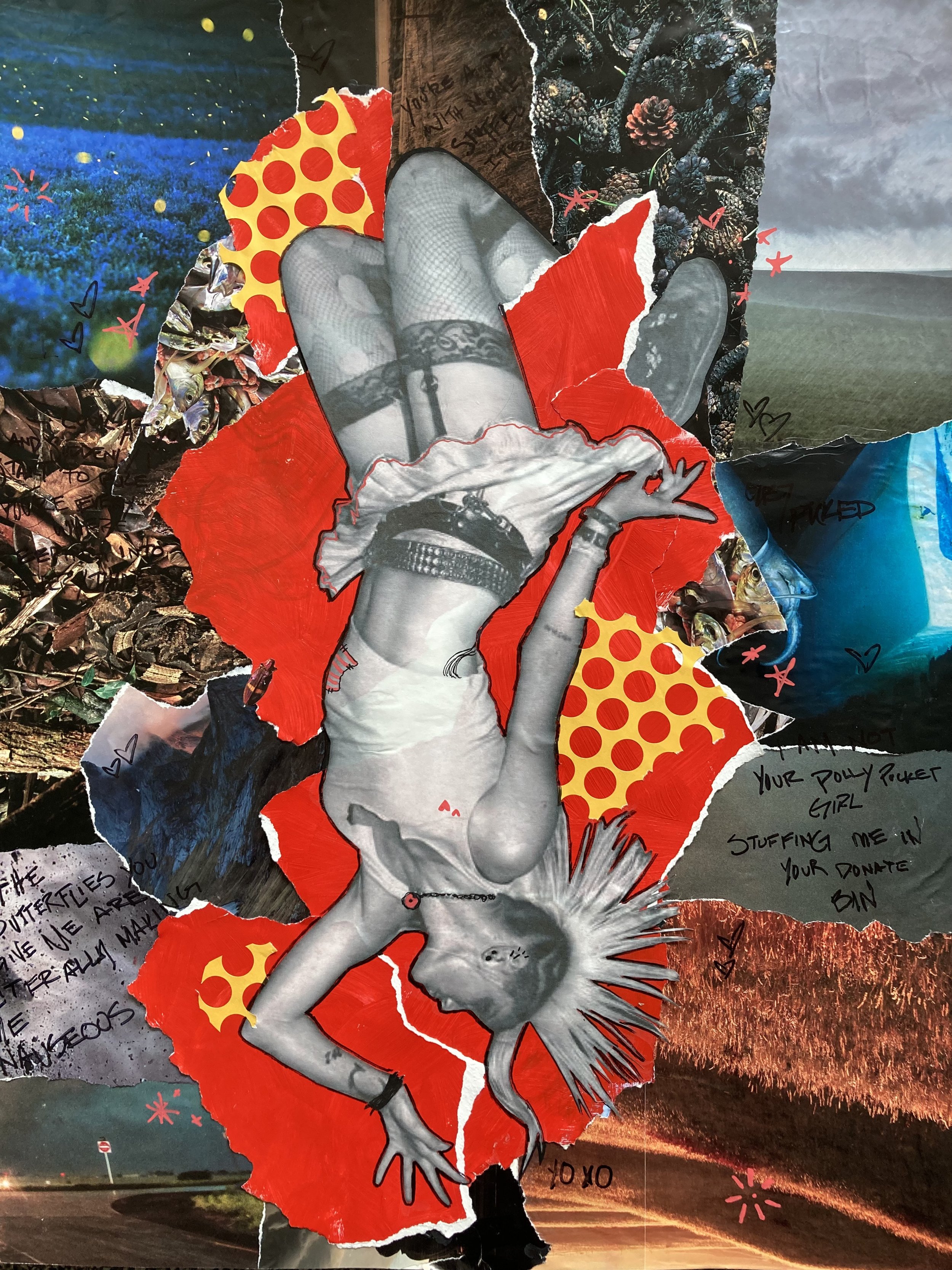 Collage of torn paper images, including a black and white photo of a woman with fishnets and a mohawk in punk clothes hanging upside down on a colorful collage background.