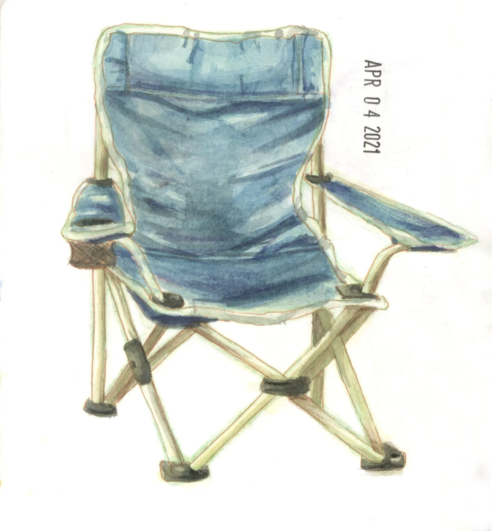 A hand-drawn illustration of a blue folding chair with wooden arms and a fabric seat and backrest, with the date April 04, 2021 written beside it.