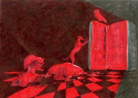 Painting of three red birds perched on an open red book, with one bird on top of a closed book, all on a checkered black and red floor against a dark background.