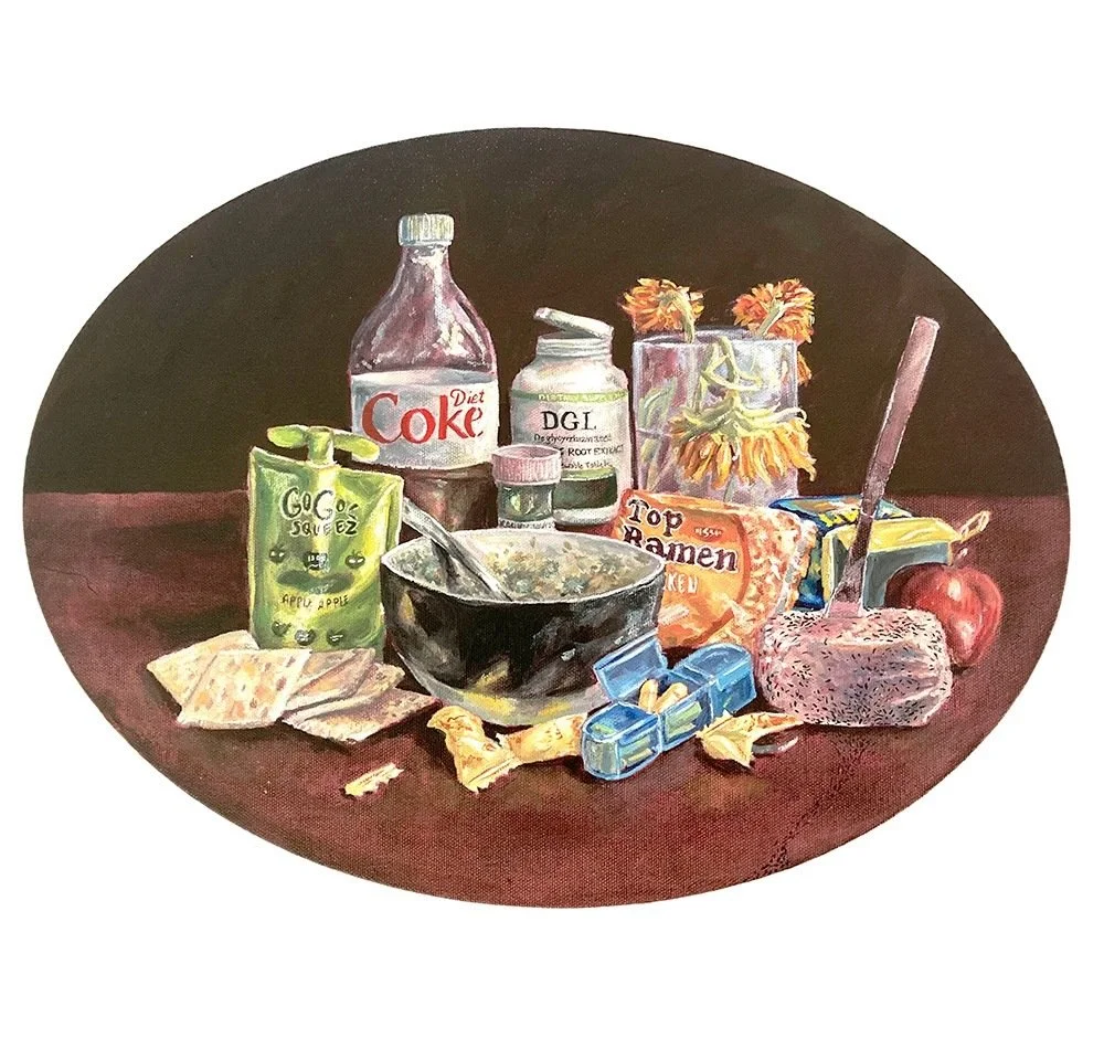 Still life painting of various food and drink items on a table, including a bottle of Diet Coke, a jar of DGL dietary supplement, a GoGo Squeez, a moldy bowl with a spoon, a package of Top Ramen, an apple, flowers in a glass, and an open can of Spam.