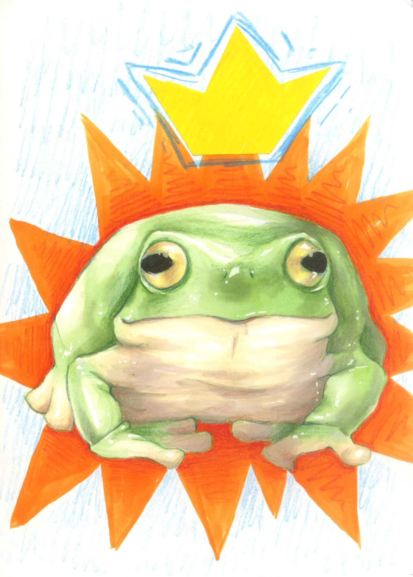 Drawing of a green frog with large eyes, wearing an orange crown, sitting on a large orange and yellow star-shaped background.