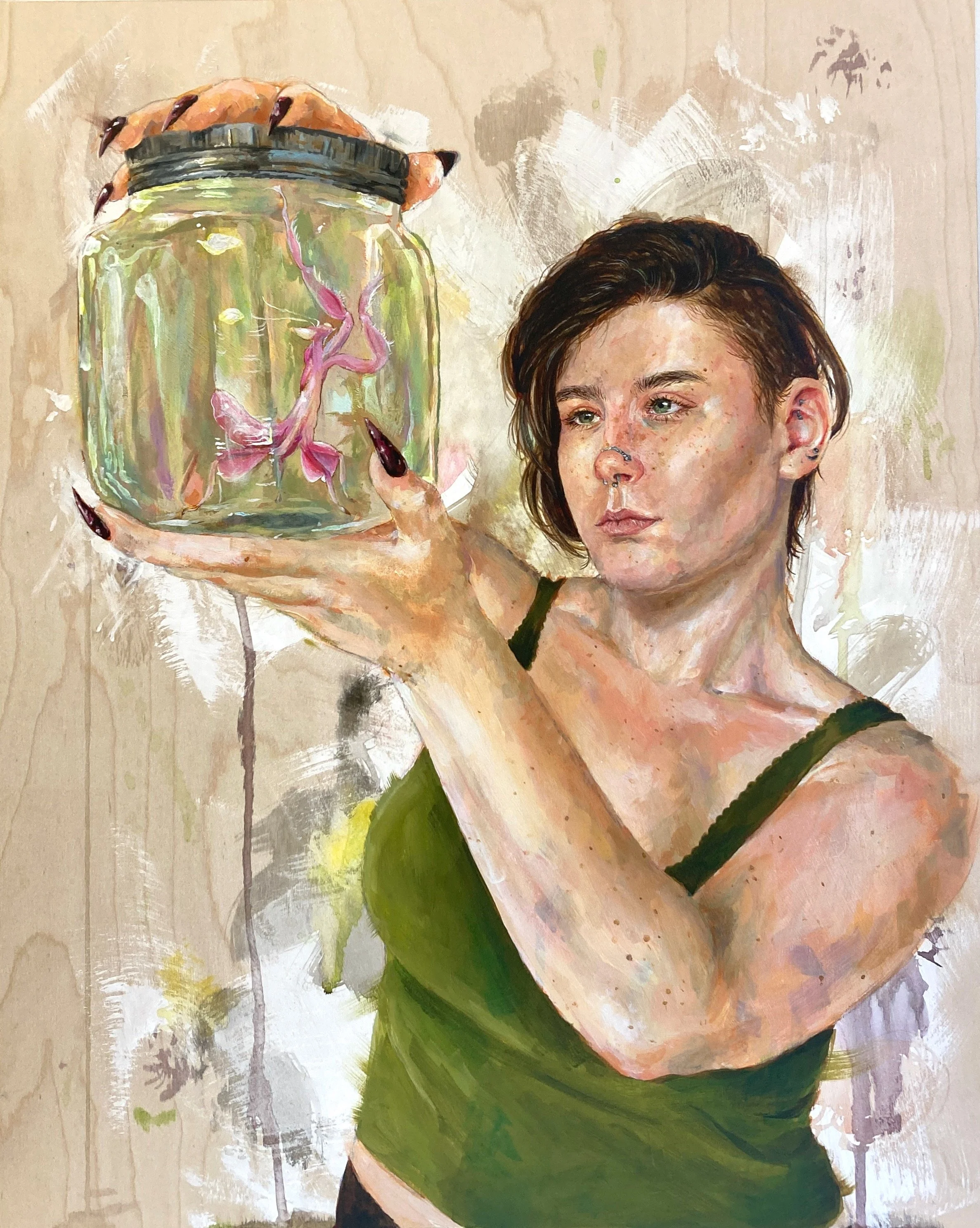 Portrait of a young woman with short dark hair, piercing green eyes, and facial piercings, holding a glass jar with an orchid mantis, painted in a realistic art style with textured brushstrokes.