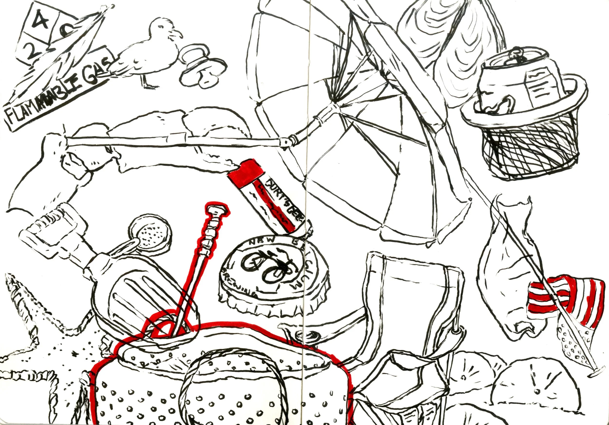 Line drawing of various food items and beverages including a can of soda, a coffee cup, a grilled sausage, a slice of watermelon, a basket of fries, and a bag of chips, along with beach related objects and other miscellaneous items.