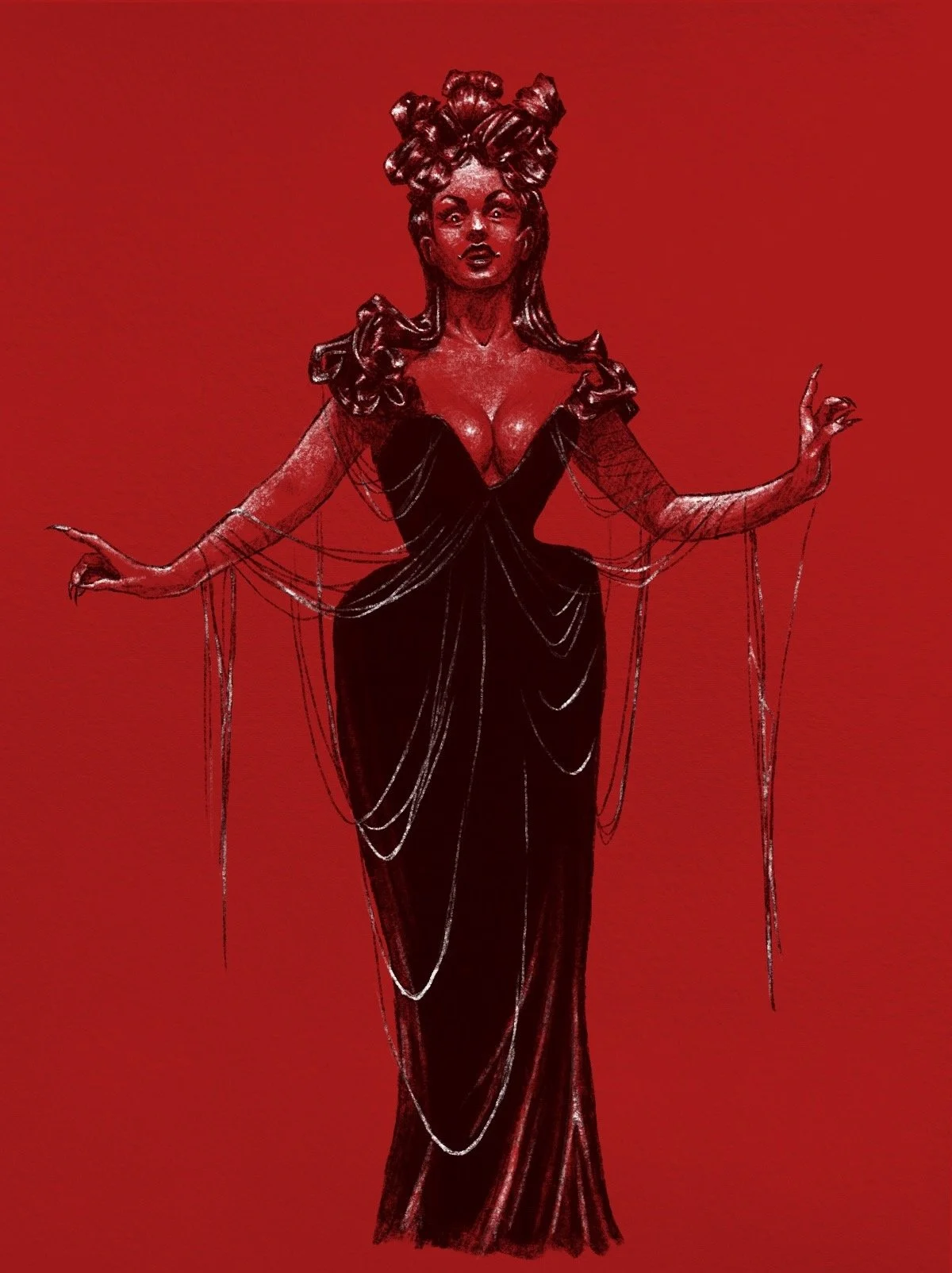 A fashion illustration of a woman in a long, black, elegant gown with sheer, bejeweled, long sleeves and multiple hanging spiderwebs. She has dark hair styled in large curls and a confident expression against a red background.