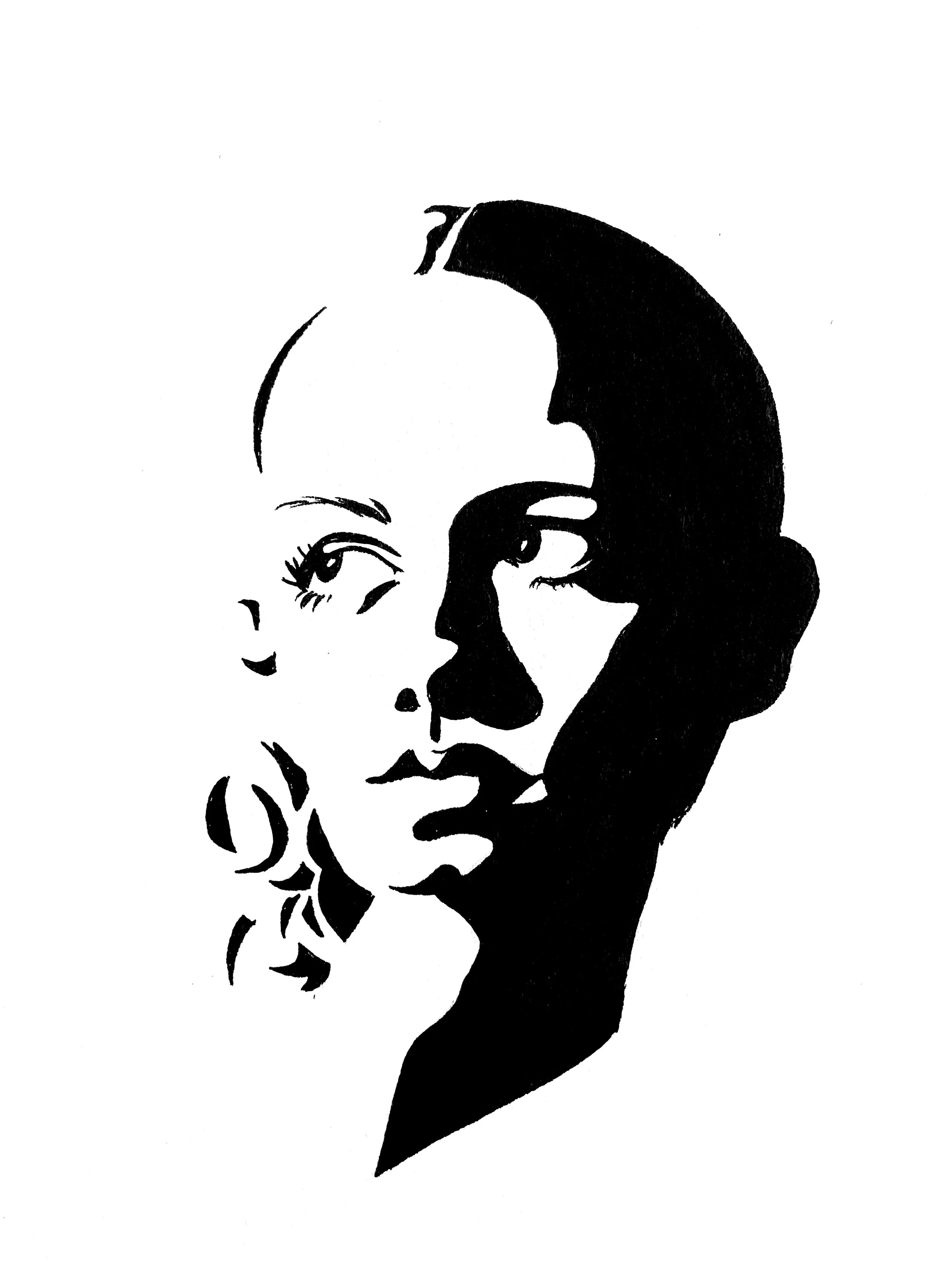 Black and white illustration of a woman's face, with upward gazing eyes, and her hair styled in waves.