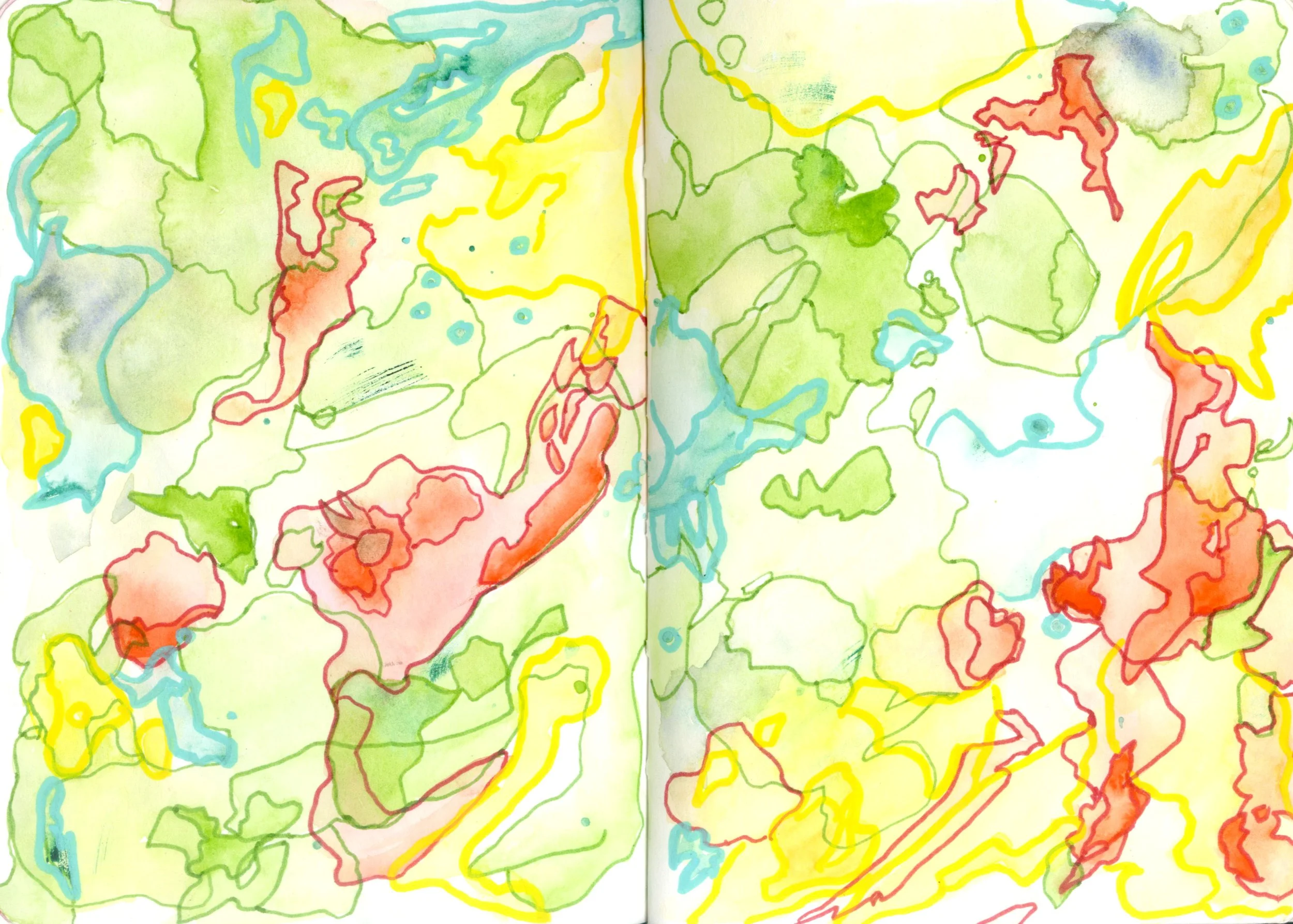 Colorful abstract painting with various contours and shapes outlined in red, green, yellow, blue, and black watercolor strokes.