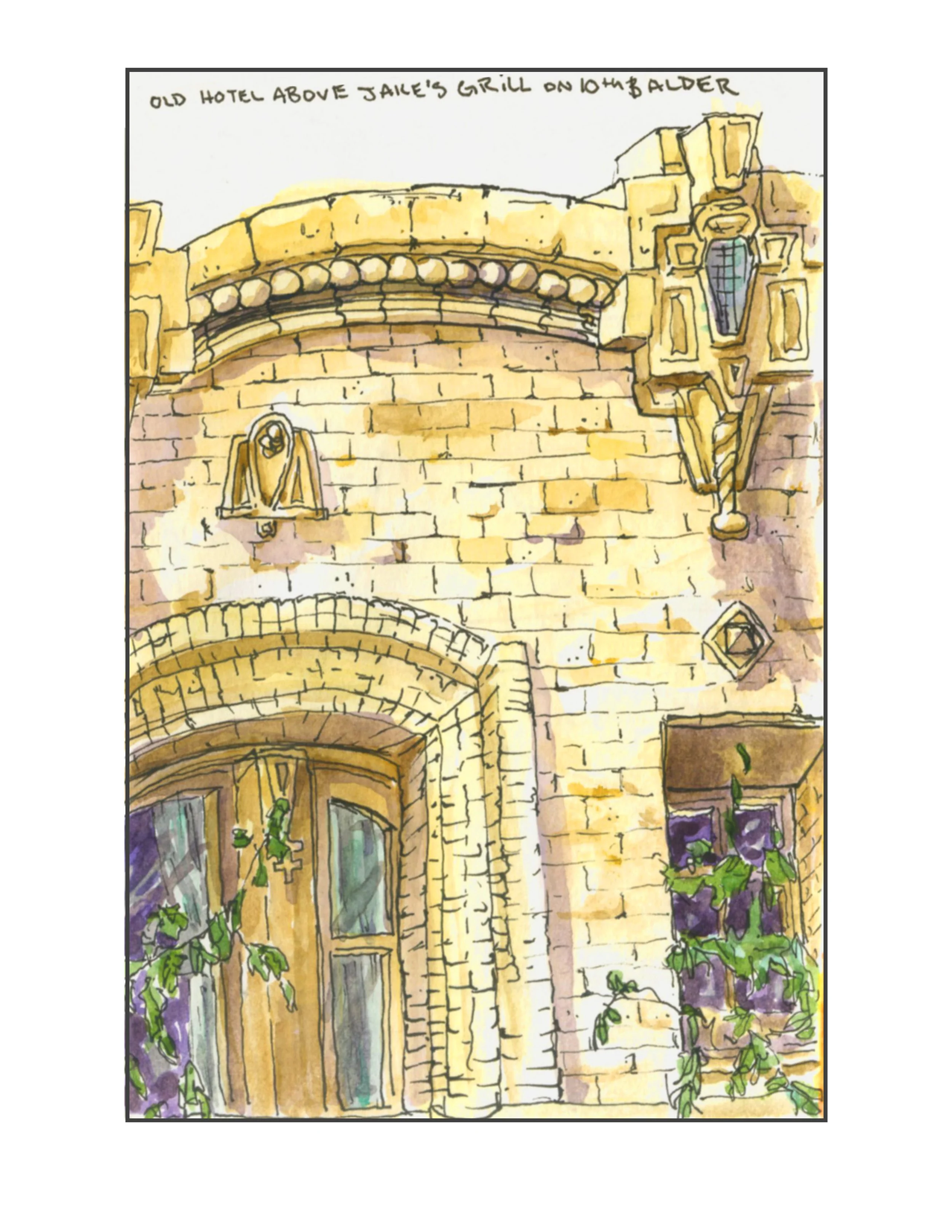 A watercolor painting of an old building with a yellow brick facade, large arched windows, and decorative architectural details, with green plants growing near the windows.