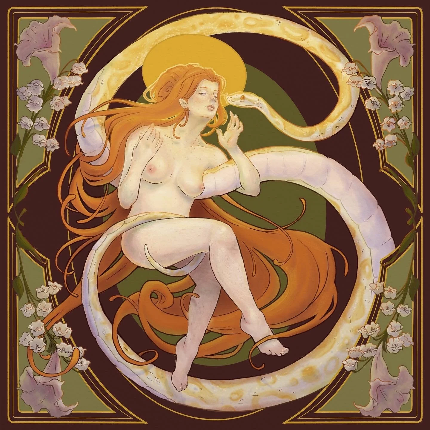 An art nouveau style digital illustration of a woman with long red hair intertwined with a large snake that makes the shape of the letter S, set against a dark background with flowers surrounding them.