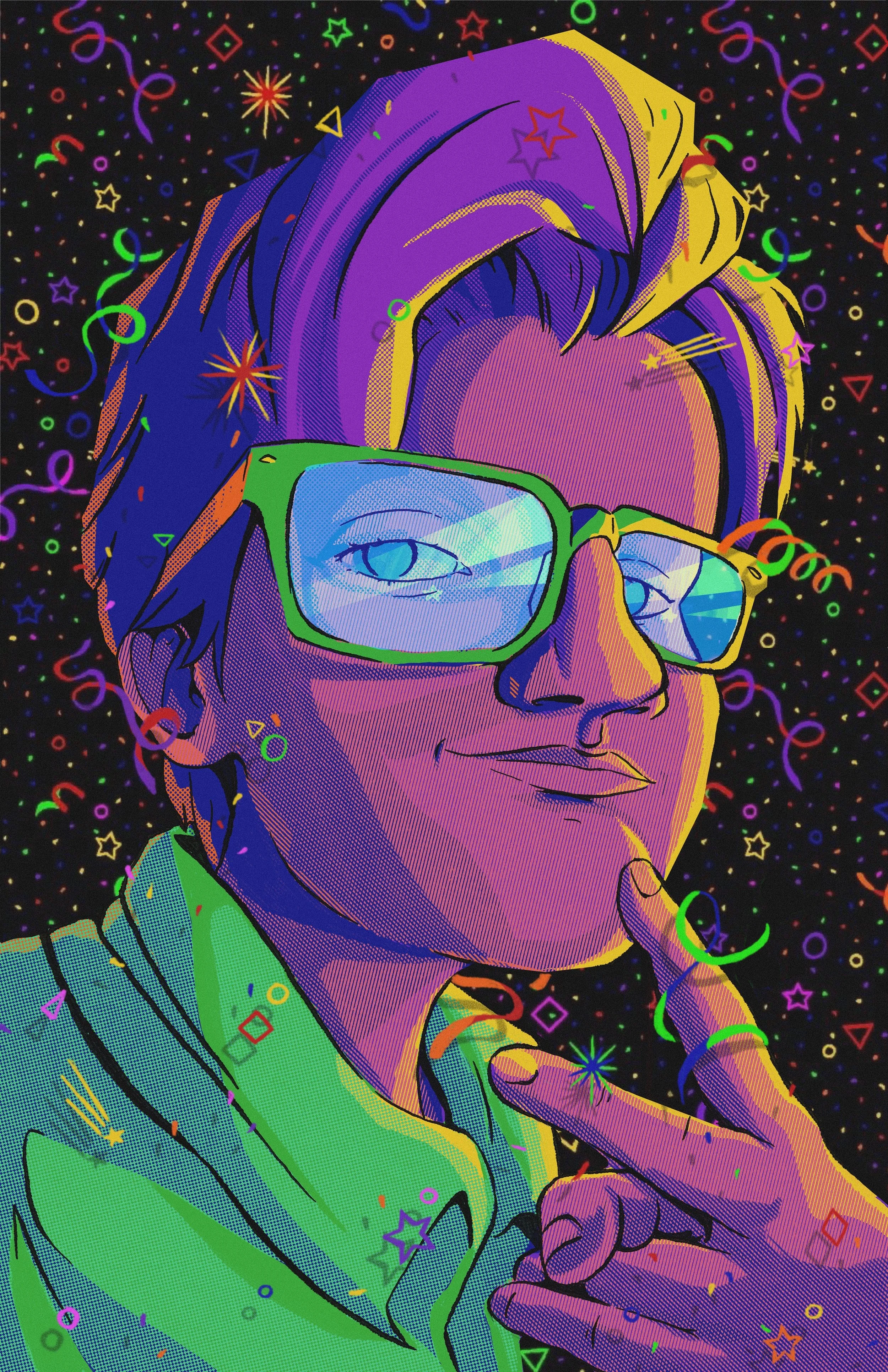 Pop art style illustration of a man with short hair and glasses, giving a thoughtful pose with one finger on his chin, surrounded by colorful confetti and streamers on an arcade carpet inspired background.
