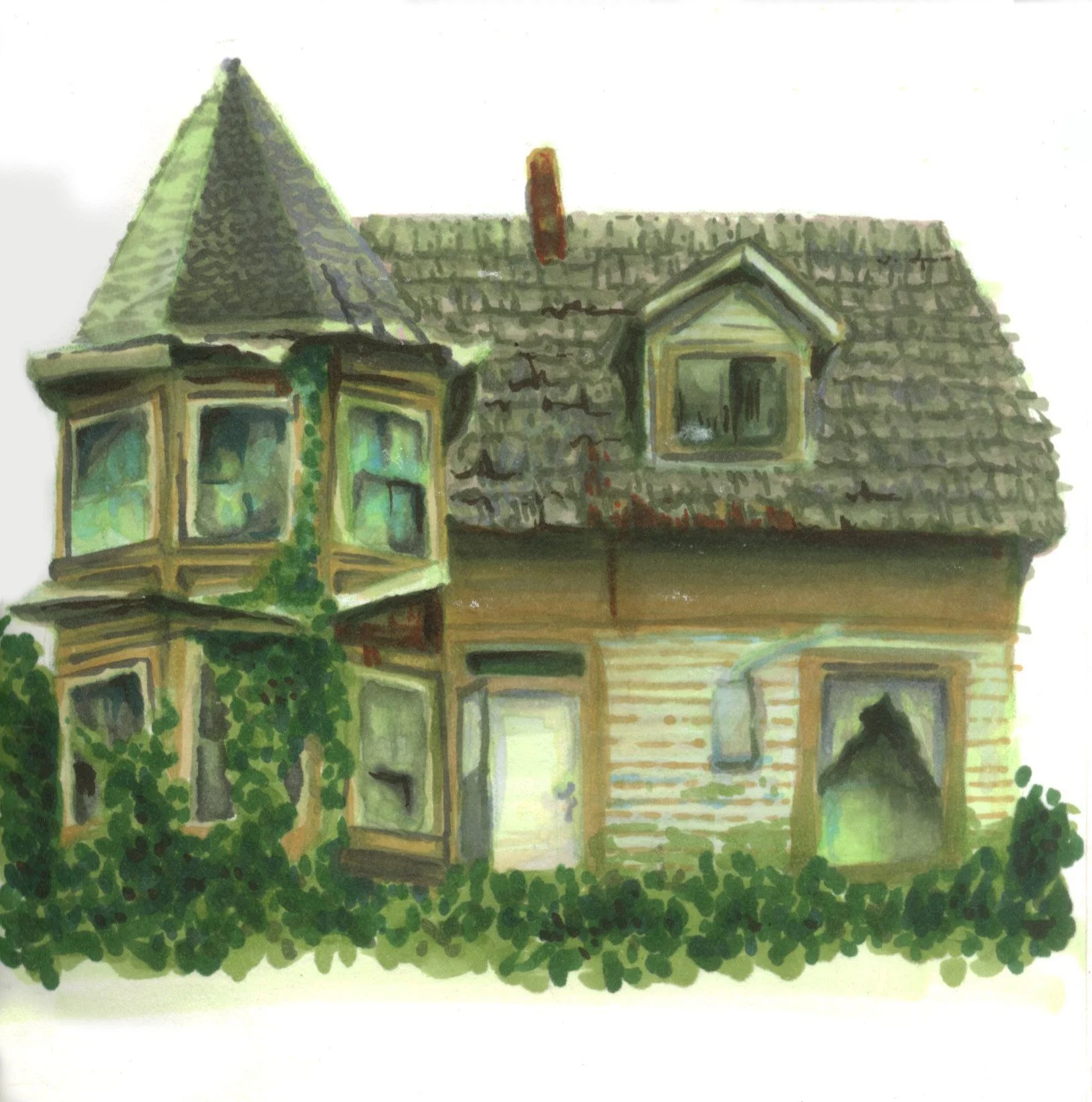 Alcohol marker drawing of an abandoned two story Victorian style house with a tiled roof and multiple windows, surrounded by greenery and bushes.