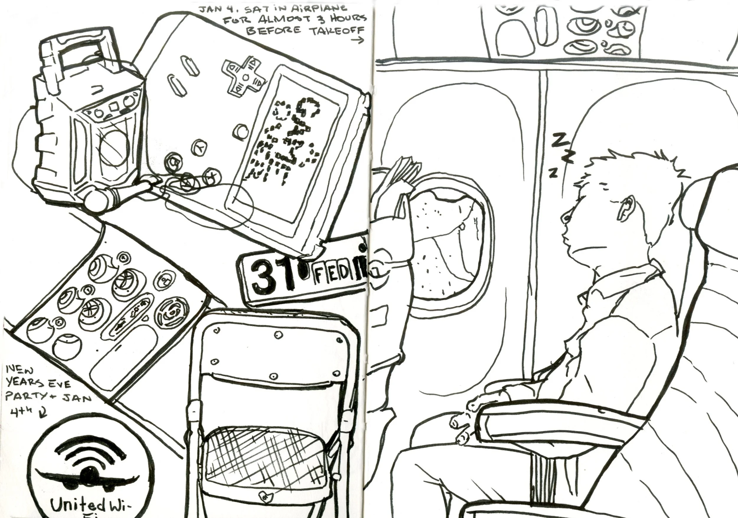 A black-and-white hand-drawn sketch depicting a person asleep in an airplane seat. The airplane window shows the sky outside. The person appears to be napping with their head against the headrest, and there are various objects around, including a sma