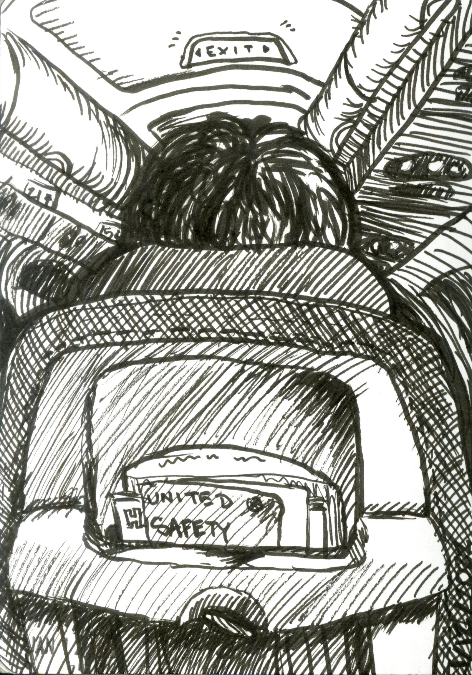 Line drawing of a person seen from behind, sitting in an airplane seat from the perspective of the person behind them.