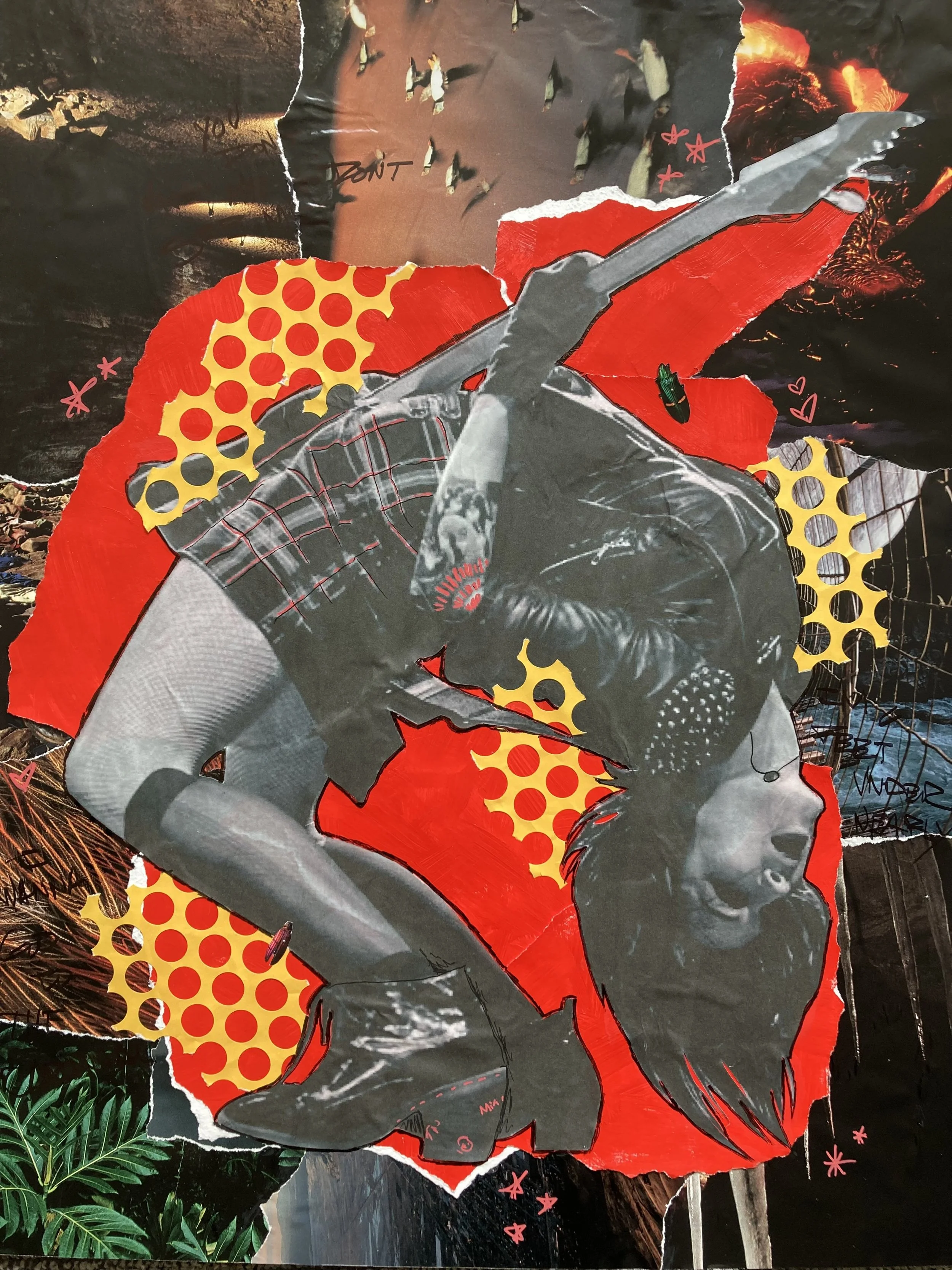 A collage of torn magazine images featuring a woman in black leather clothing with spider web details, lightning, and bright yellow and red polka dot patterns, with various doodles and handwritten notes overlaid, set against a background scene of a w