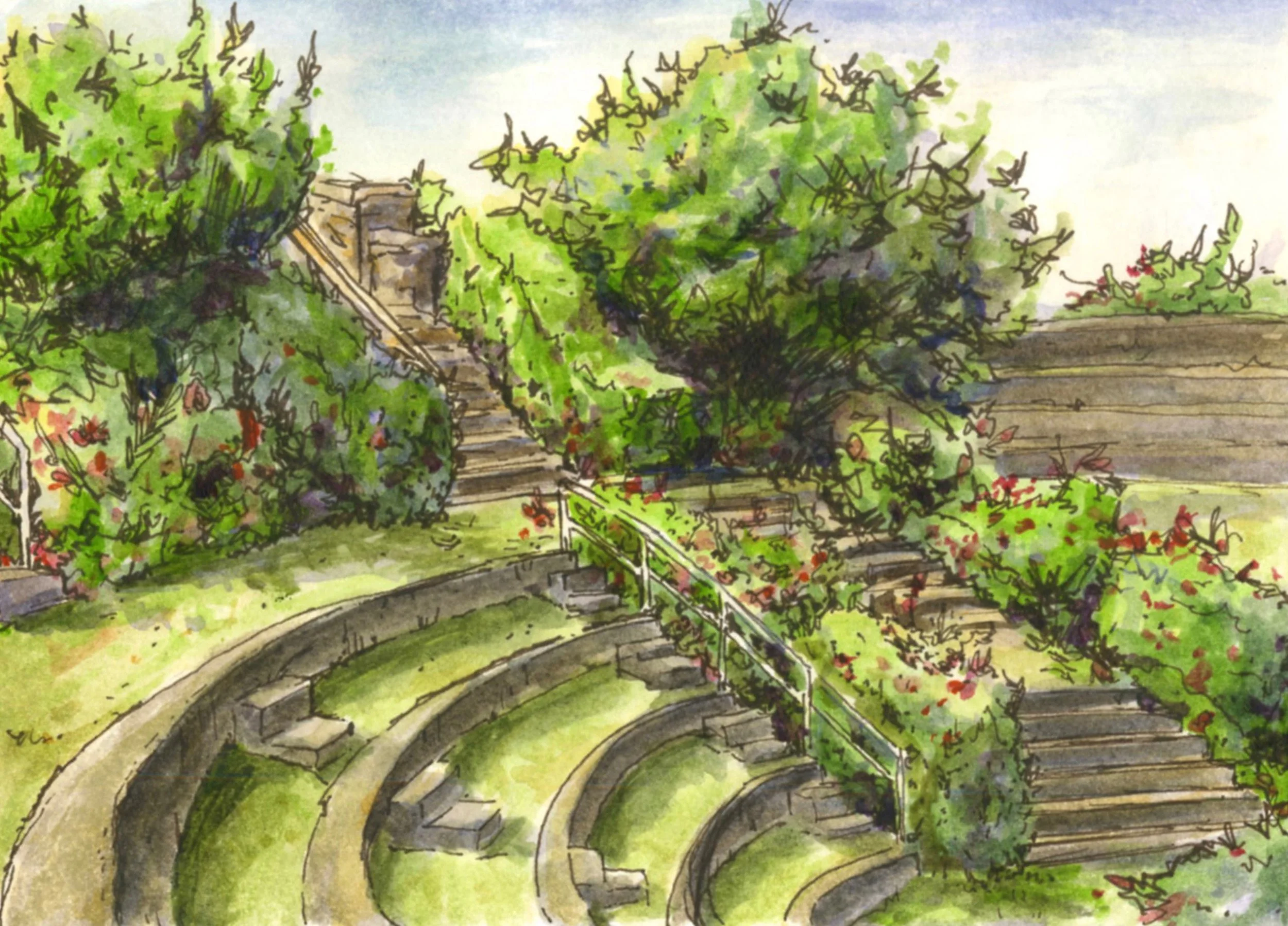 Watercolor painting of a garden with curved stone steps, surrounded by lush green bushes and trees.