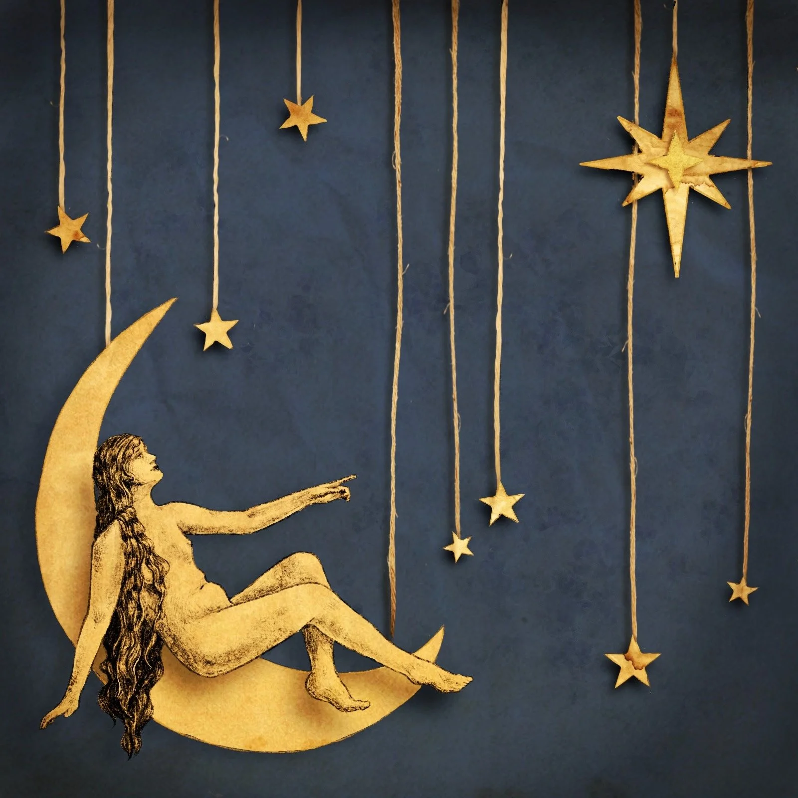 A decorative hanging display featuring a gold-colored figure of a woman sitting on a crescent moon, with long hair, pointing towards the stars and a large star-shaped ornament, all set against a dark background.
