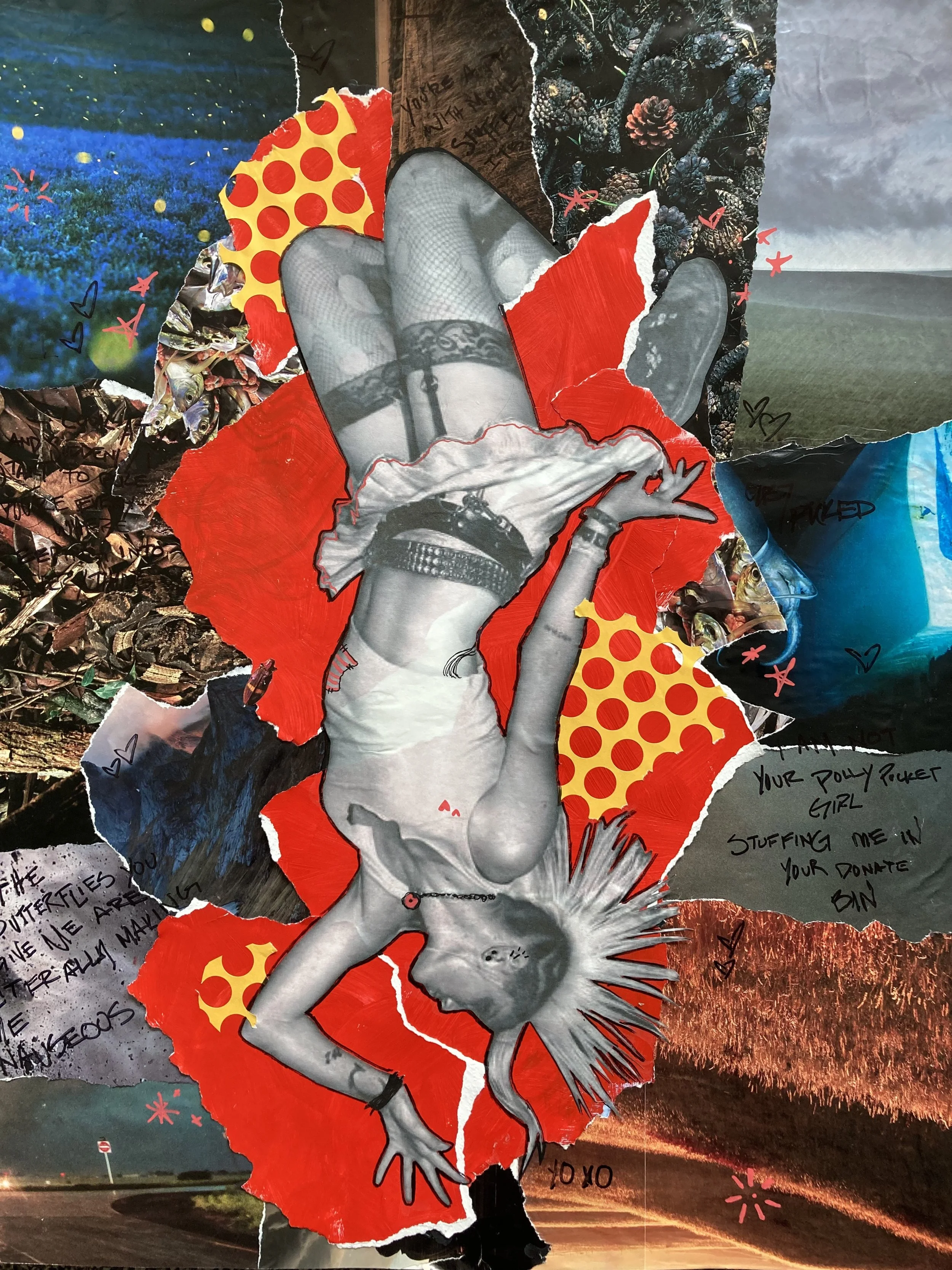Mixed media collage featuring a black and white cutout of a woman intertwined with a dog, layered against colorful torn paper and handwritten notes. Background shows a scenic sunset or sunrise over an open landscape with a road.