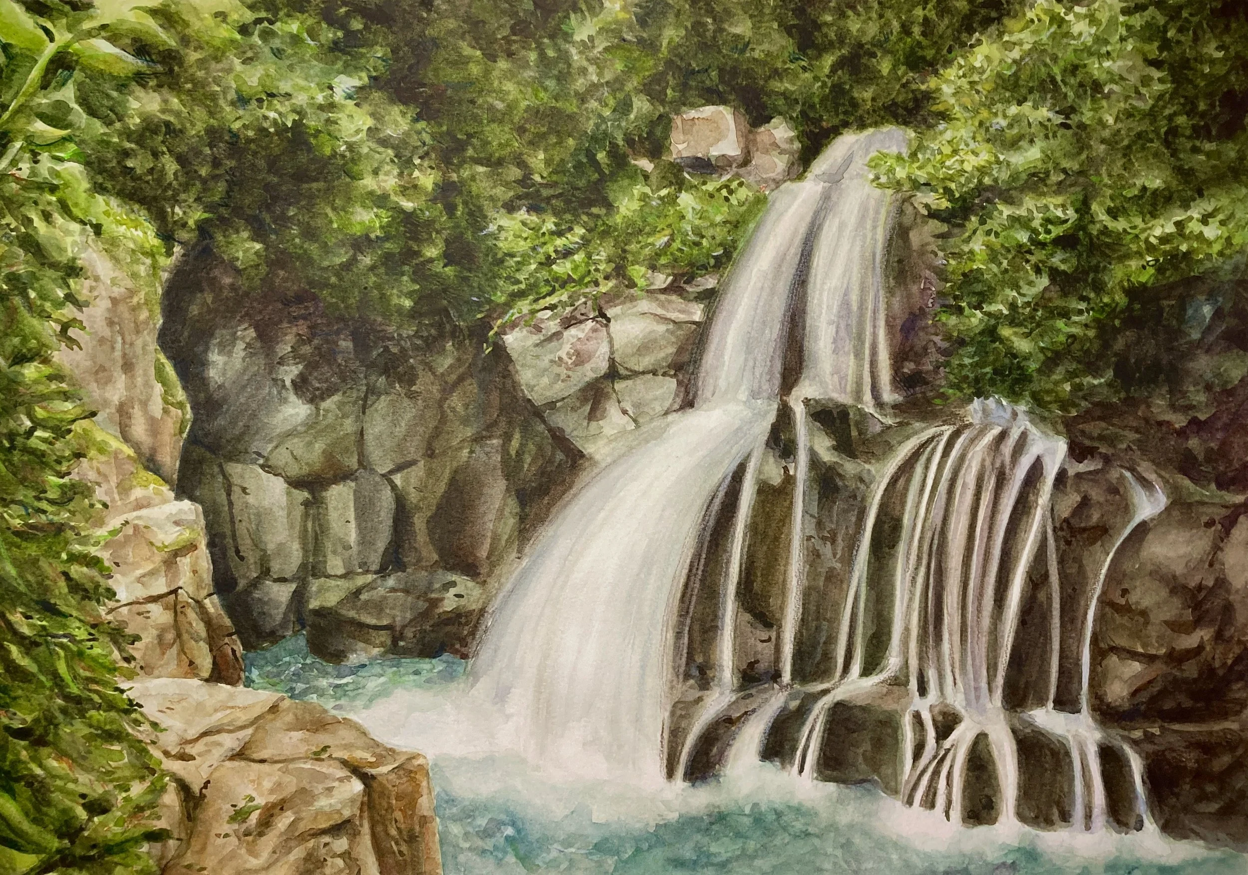 A watercolor painting of a waterfall flowing over rocks surrounded by lush green trees.