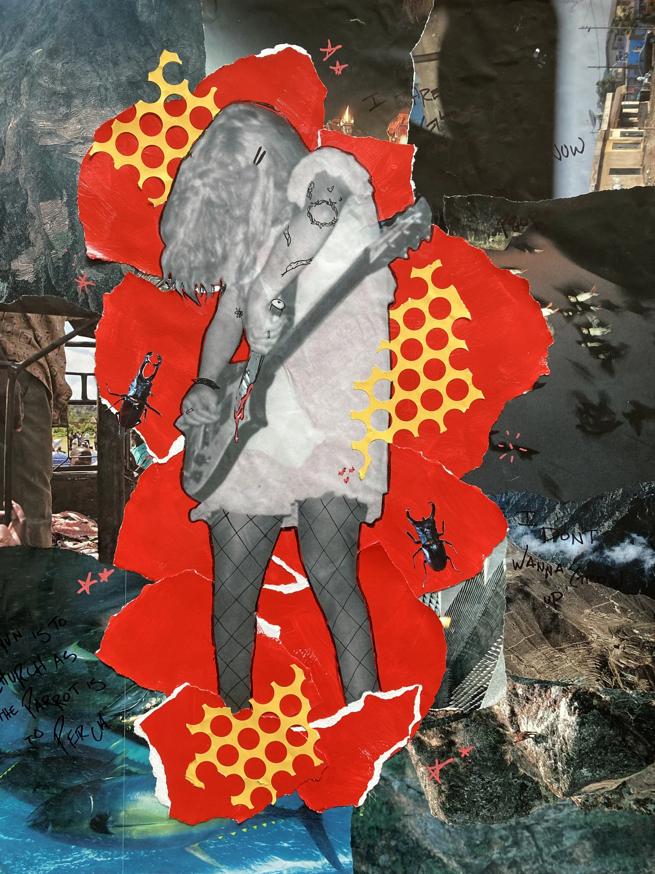 A collage featuring a black and white illustration of a girl with long hair, fishnet stockings, and an earring, layered over torn pieces of red and yellow patterned paper, with black and white background elements, including handwritten text, insects,