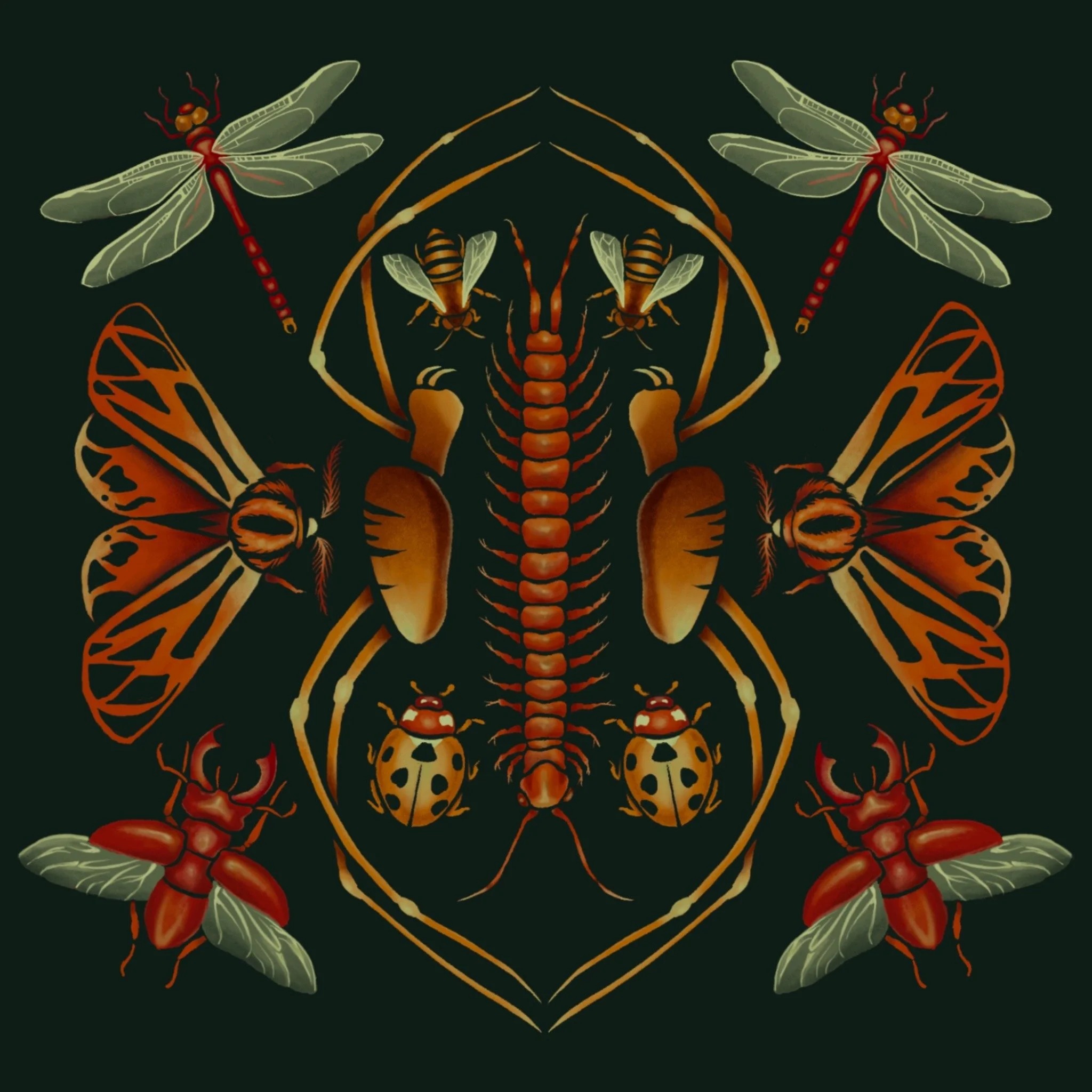 A digital illustration of a symmetrical design made of moths, spiders, ladybugs, dragonflies and a centipede, using orange and yellow on a green background.