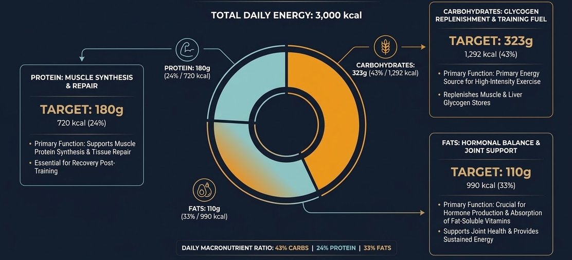 An infographic displaying a breakdown of a 3,000 kcal daily energy diet, including carbohydrates (323g), protein (180g), and fats (110g) with descriptions of their primary functions and target goals.