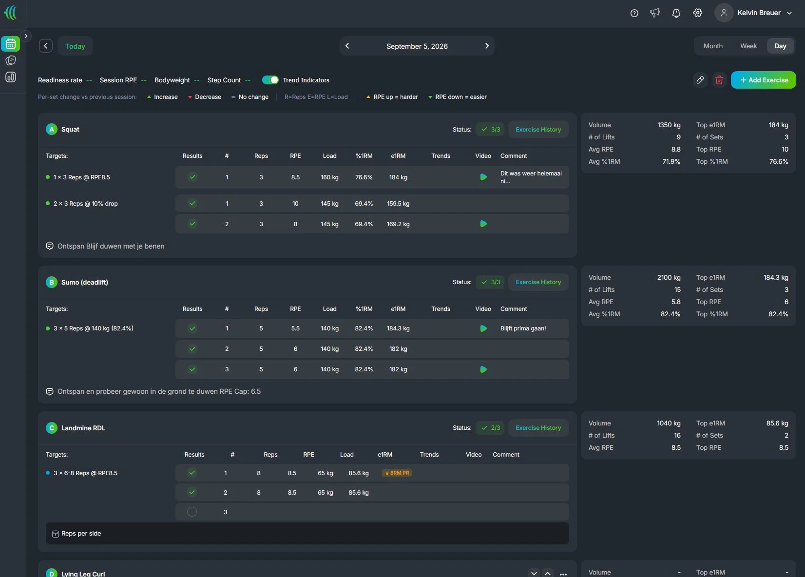 Screenshot of MyStrengthBook showing the interface and how a training day looks like logged