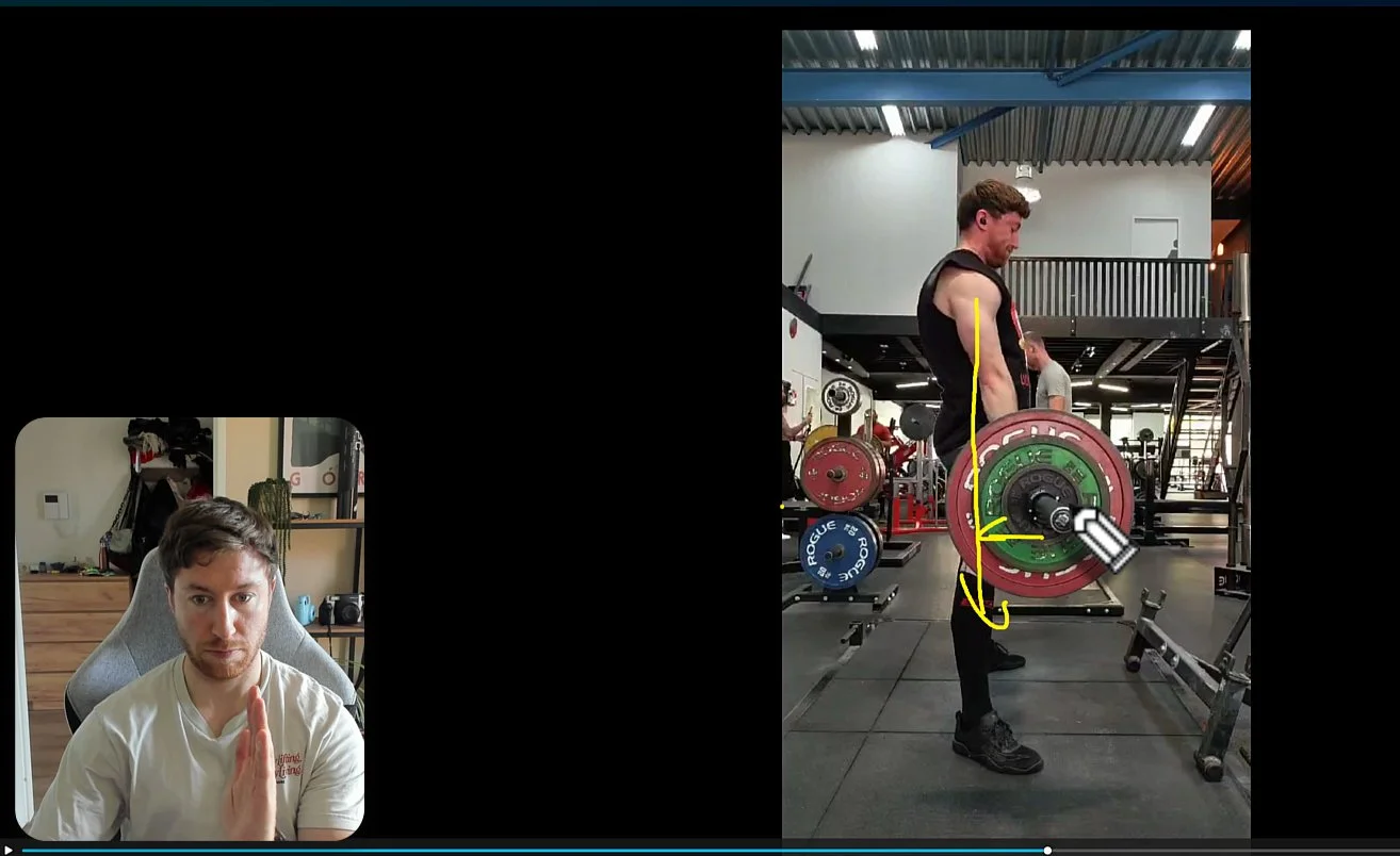 Coach K giving video feedback on a deadlift video, highlighting leverages and what angles should be used
