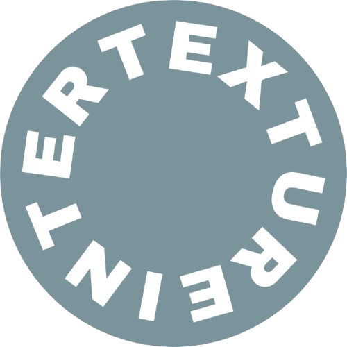 A circular emblem with white text on a gray background that reads, "INTERTEXTURE."