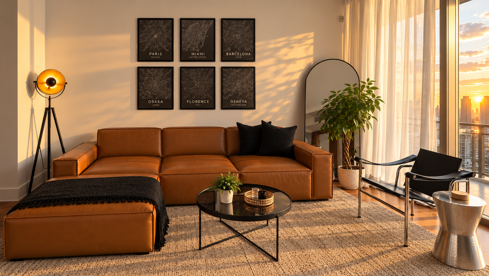Living room with brown leather sofa, black pillows, black coffee table with a plant and candles, large mirror, tall potted plant, black chair, metal side table, large window with sheer curtains, city skyline and sunset, wall art of city maps labeled with famous cities.