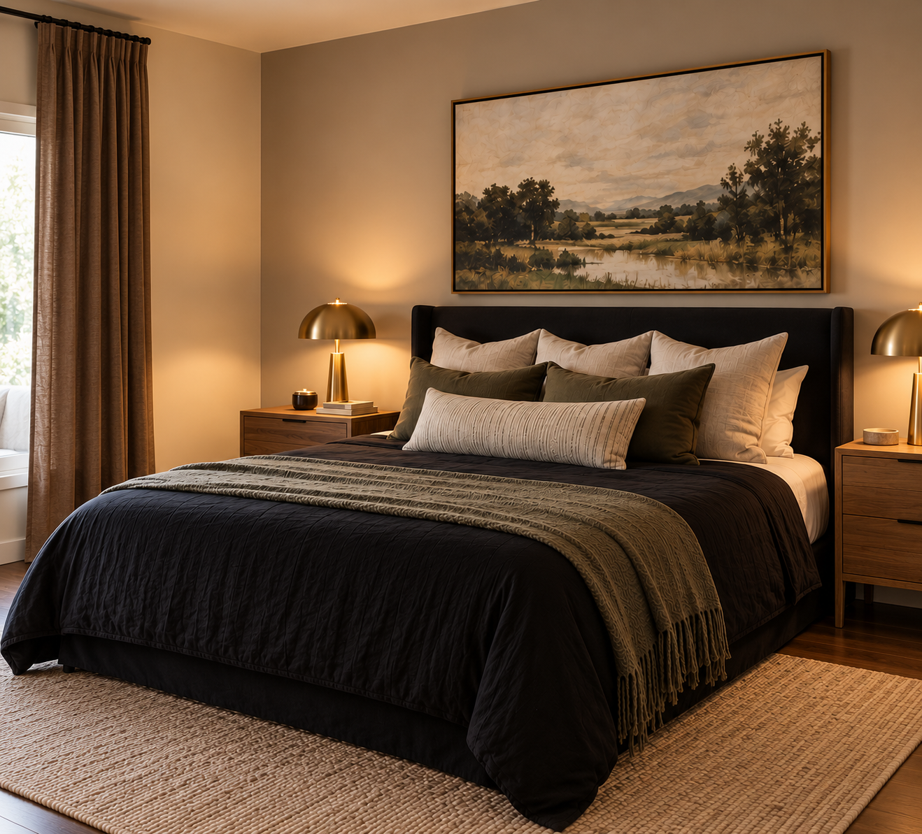 A neatly made bed with black bedding, beige pillows, and a long decorative pillow in a bedroom. There are two wooden nightstands with matching gold lamps on each side of the bed. A landscape painting hangs above the headboard, and beige curtains frame a window to the left.