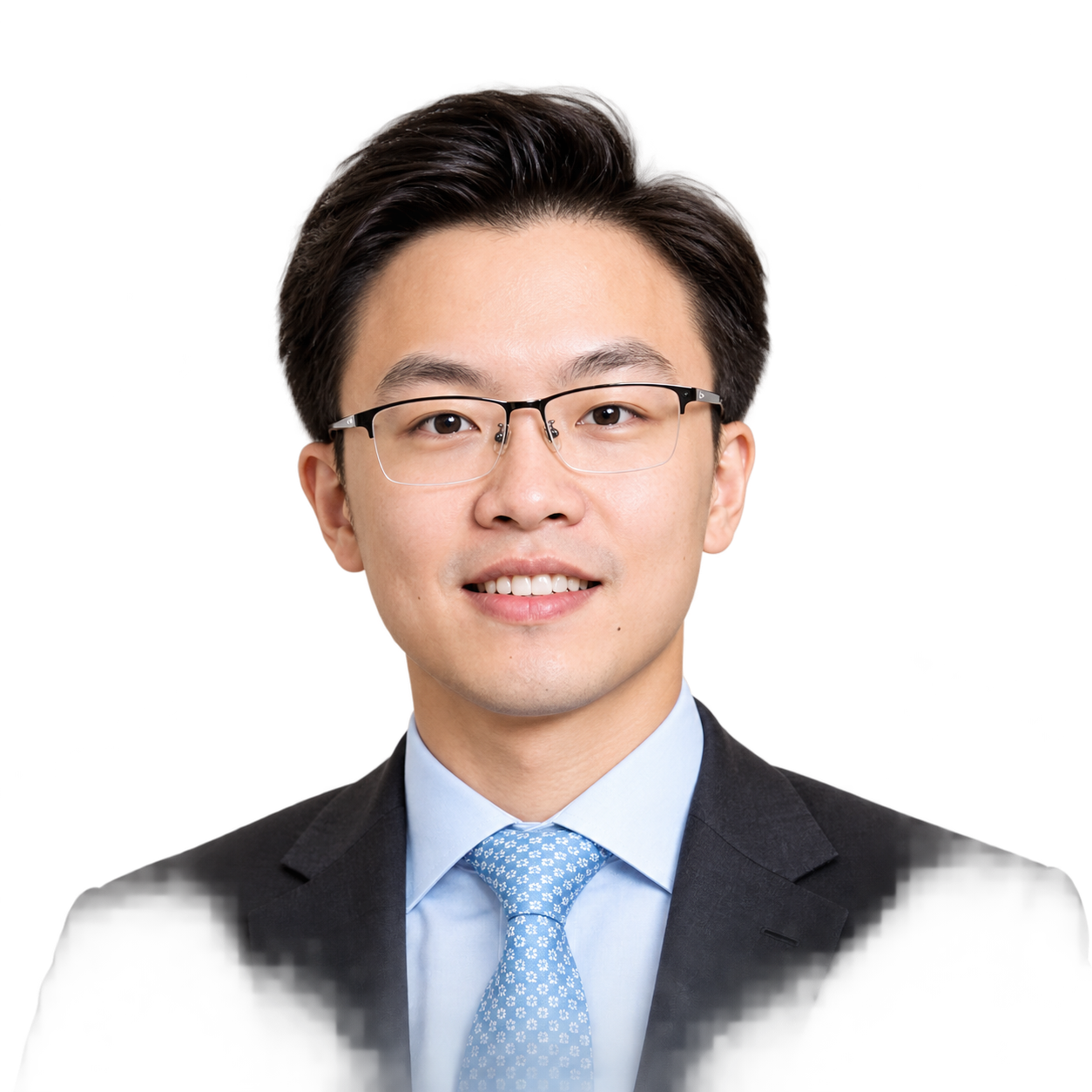 Portrait of an Asian man with black hair, glasses, wearing a black suit, light blue shirt, and patterned light blue tie, smiling.