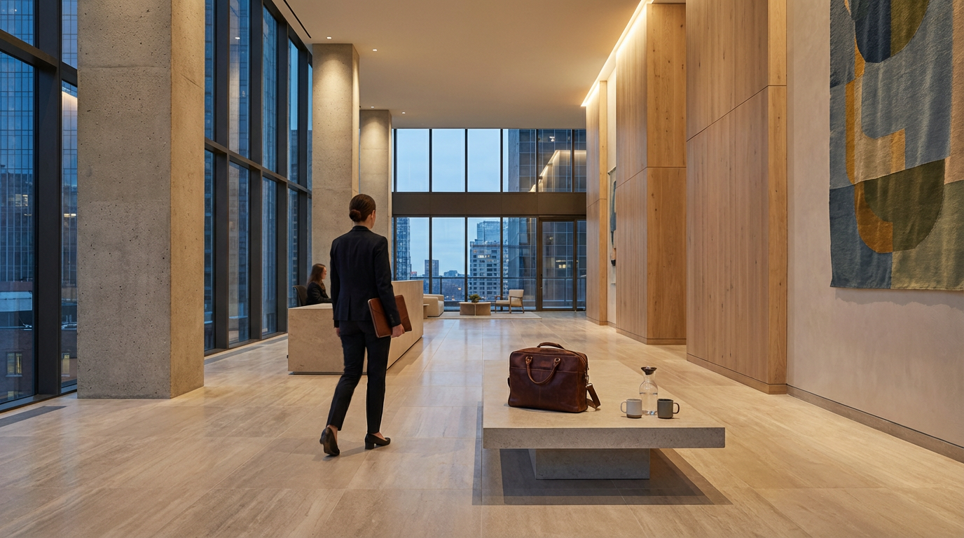 Modern office lobby with large floor-to-ceiling windows, wooden wall panels, and abstract wall art. A woman in a dark suit is walking towards a reception desk, while another person is seated at the desk. There is a bench with a leather bag, water pitcher, and two mugs on it.