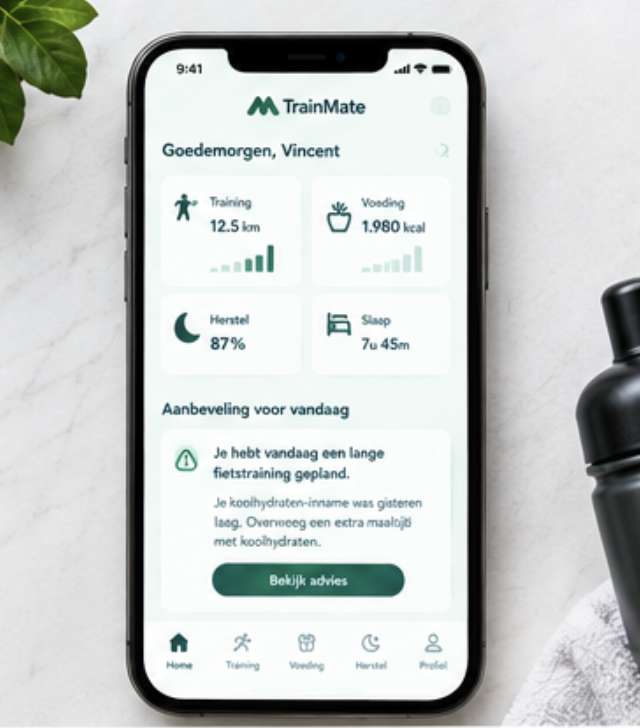 Smartphone met de Nederlandstalige TrainMate-fitnessapp, met training, voeding, herstel, slaap en een aanbeveling voor een lange fietstocht.