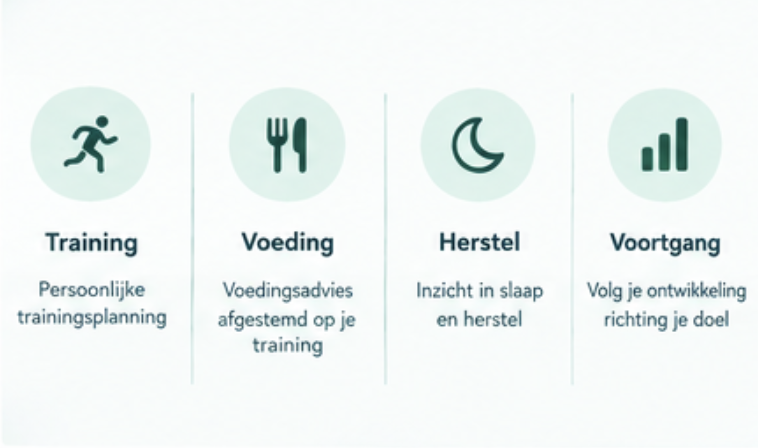 Overzicht van vier onderdelen: training, voeding, herstel en voortgang, met bijbehorende Nederlandse toelichtingen.