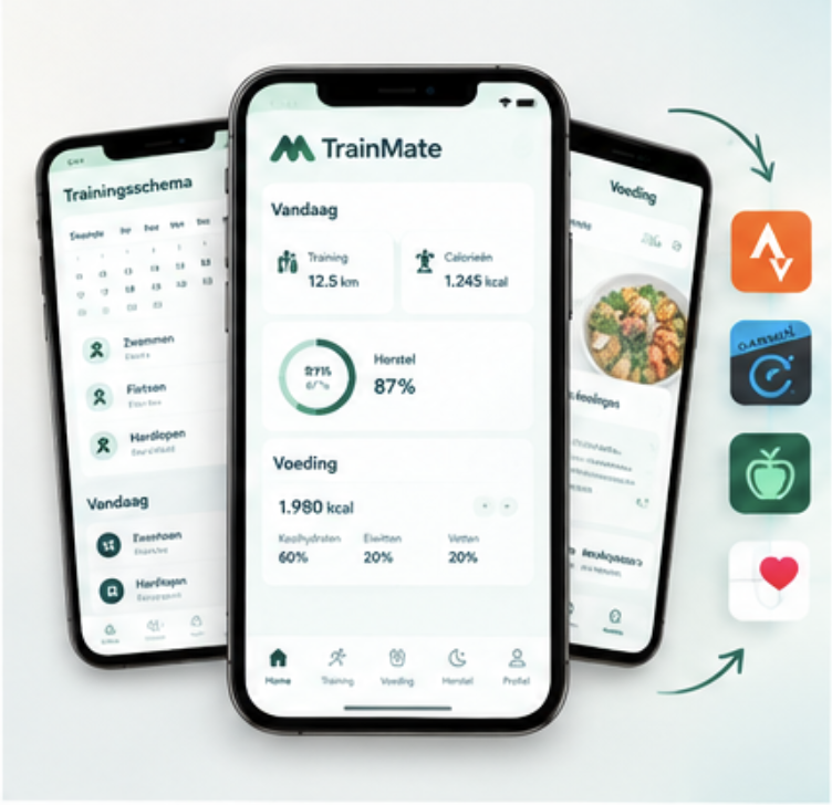 TrainMate-fitnessapp op drie smartphones met trainingsschema, voedingsinformatie en herstelgegevens, naast gezondheidsapp-iconen.