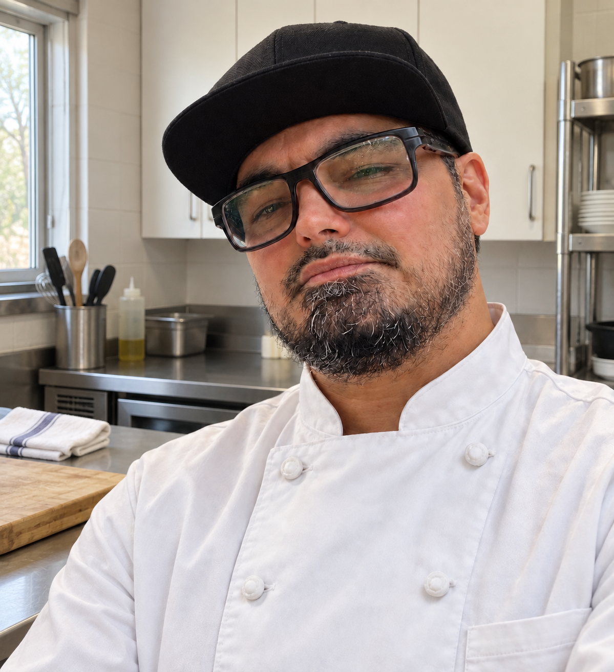 A chef with glasses and a black hat taking a selfie in a kitchen.