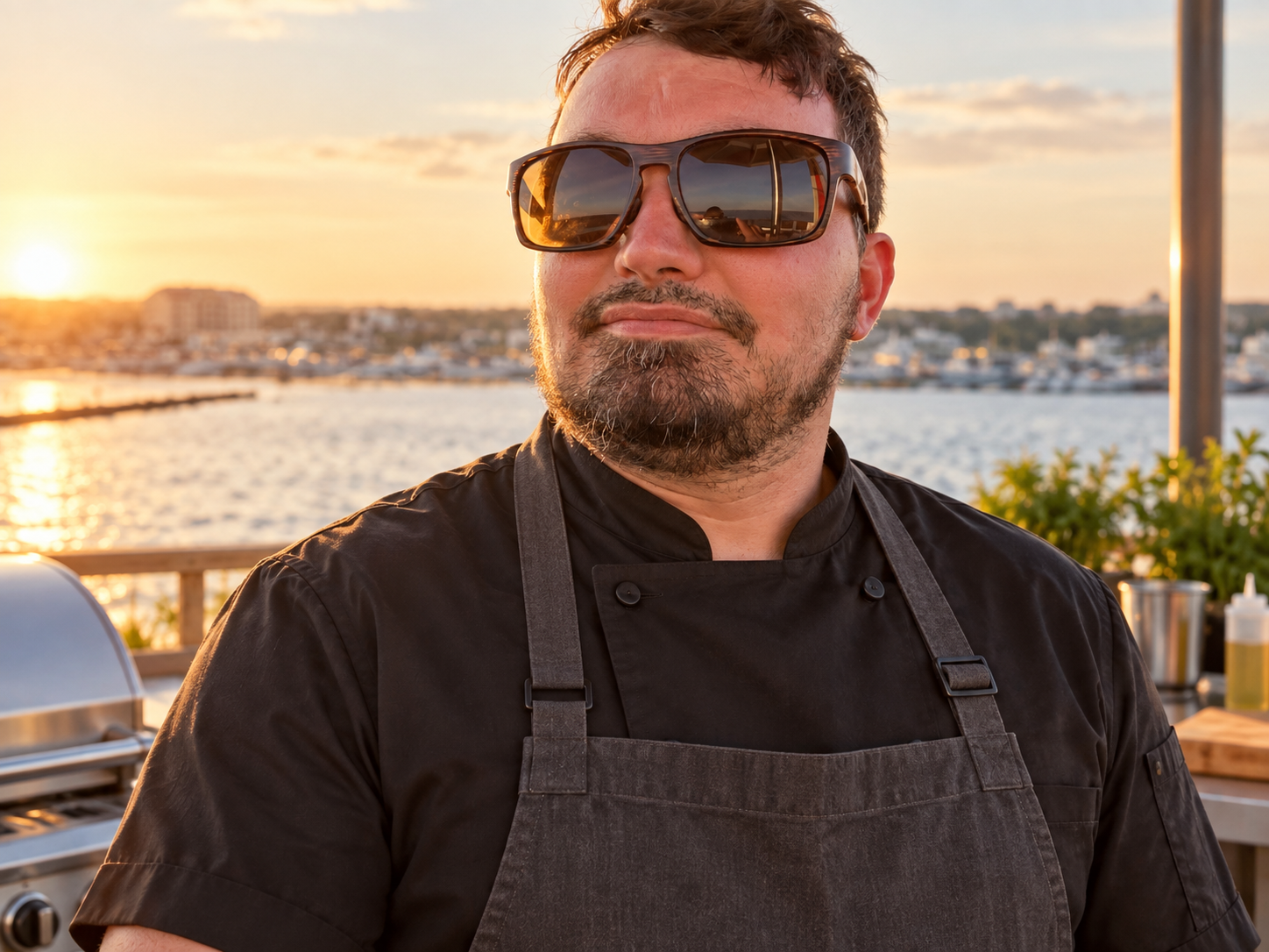 A man wearing sunglasses and a black chef's coat standing on a deck near water during sunset.