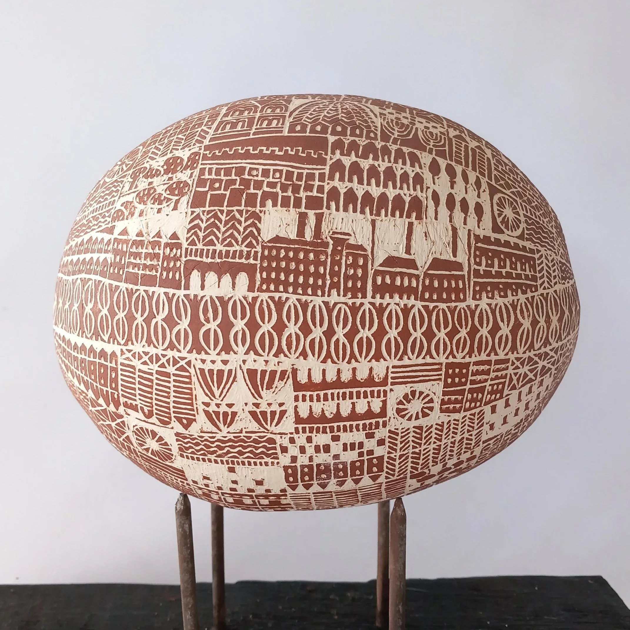 EASTER(N), 2026, sgraffito on white stoneware with earthenware slip, 22 x 17 x17 cm