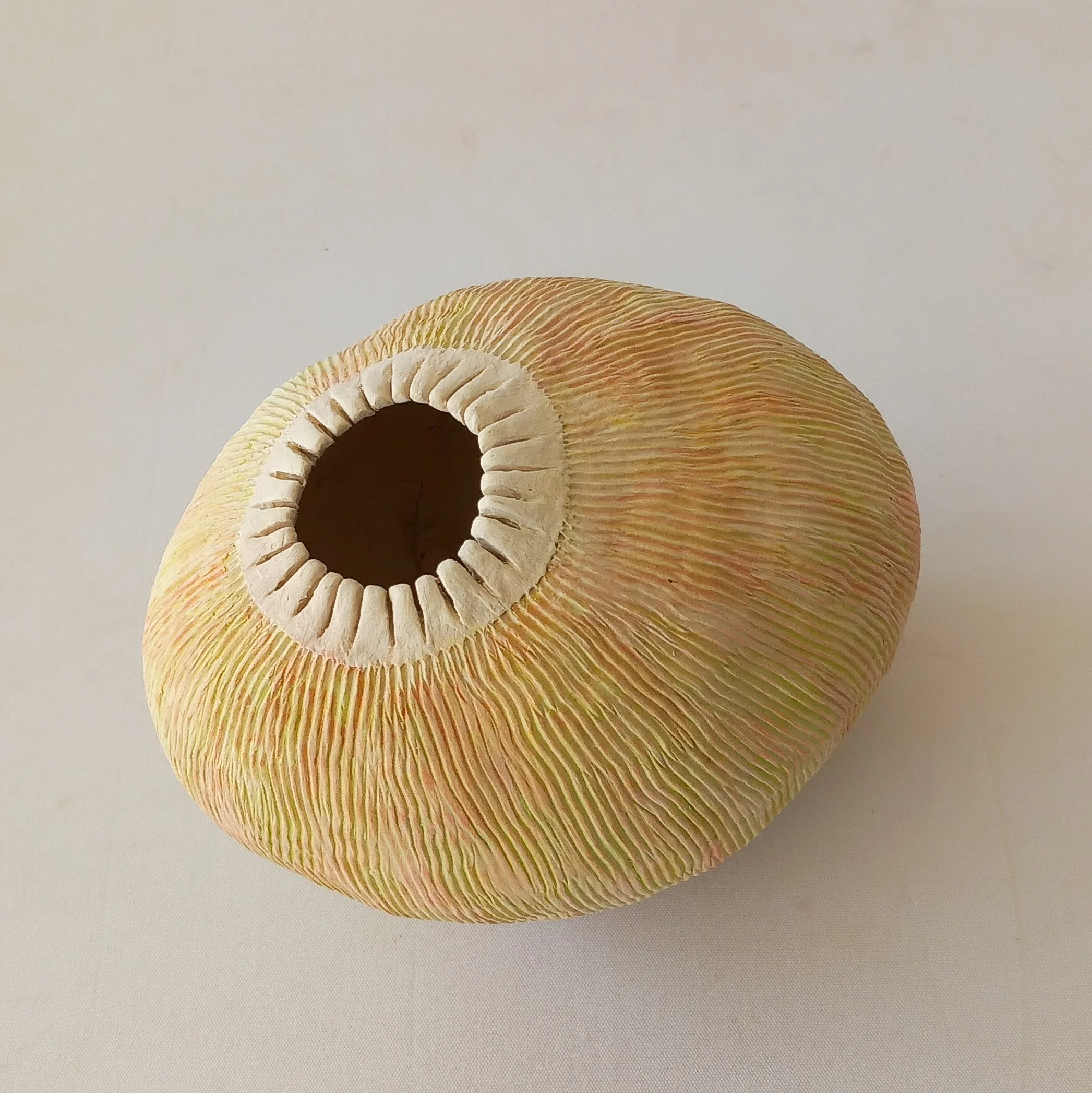 SLIPPER ORCHID II, 2025, white stoneware, tinted slips,  coloured under glazes, 16 x 11 x 12 cm