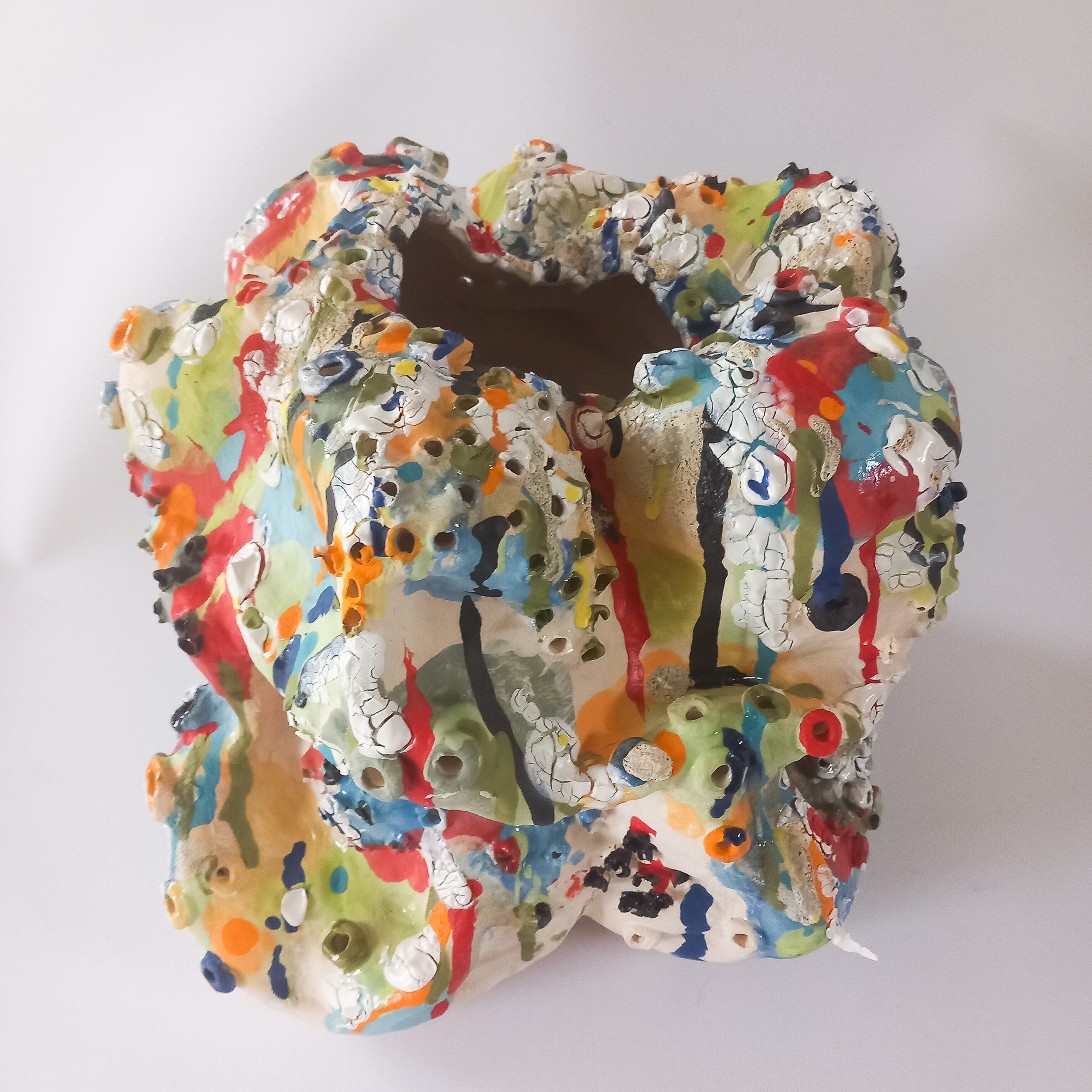 OPPOSITES II, 2024, white stoneware, with coloured under glazes, crackle glaze and lava glaze, 30 x 28 x 33 cm