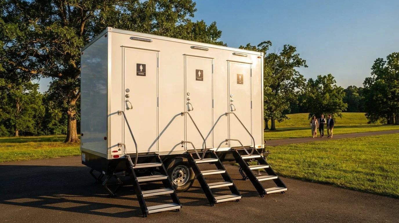 Outdoor corporate event in North Alabama with portable restroom trailer accommodations