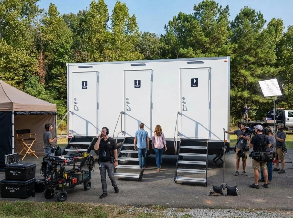 Restroom trailer providing facilities for an outdoor production crew in North Alabama