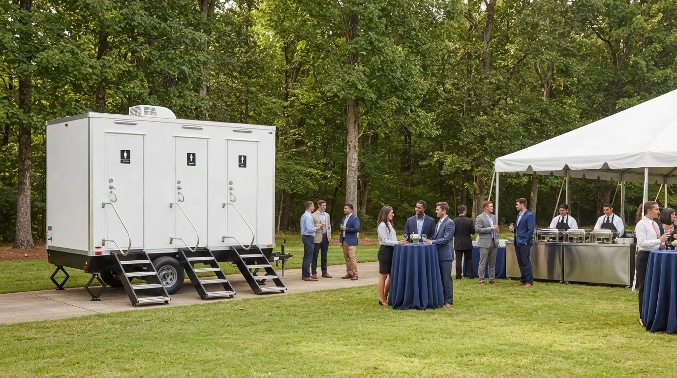 Outdoor corporate event in North Alabama with portable restroom trailer accommodations